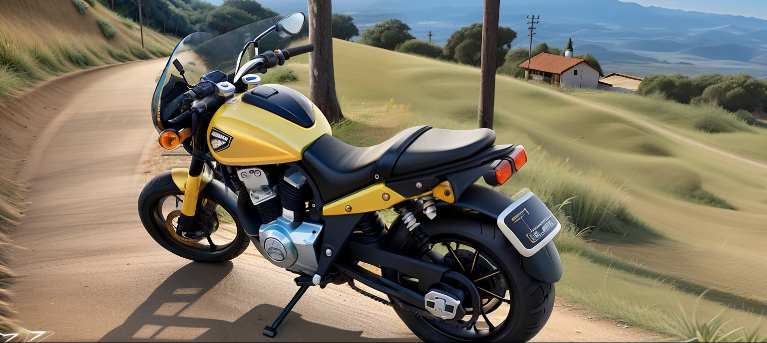 Uma moto com os pneus grandes, tanque amarelo,painel preto