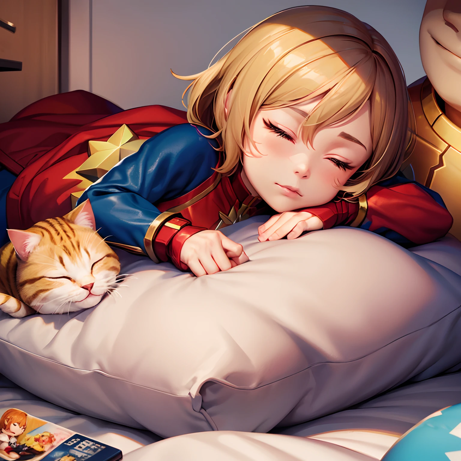 deformed cartoon style, bobblehead doll, Captain Marvel movie, cat Goose sleeping on his stomach