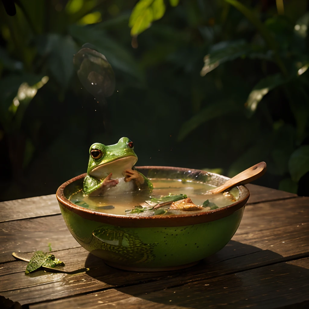 A frog eating soup,illustration,realistic,best quality,ultra-detailed,vivid colors,warm lighting,soup steam,wooden spoon,green skin,webbed feet,wet texture,cute.