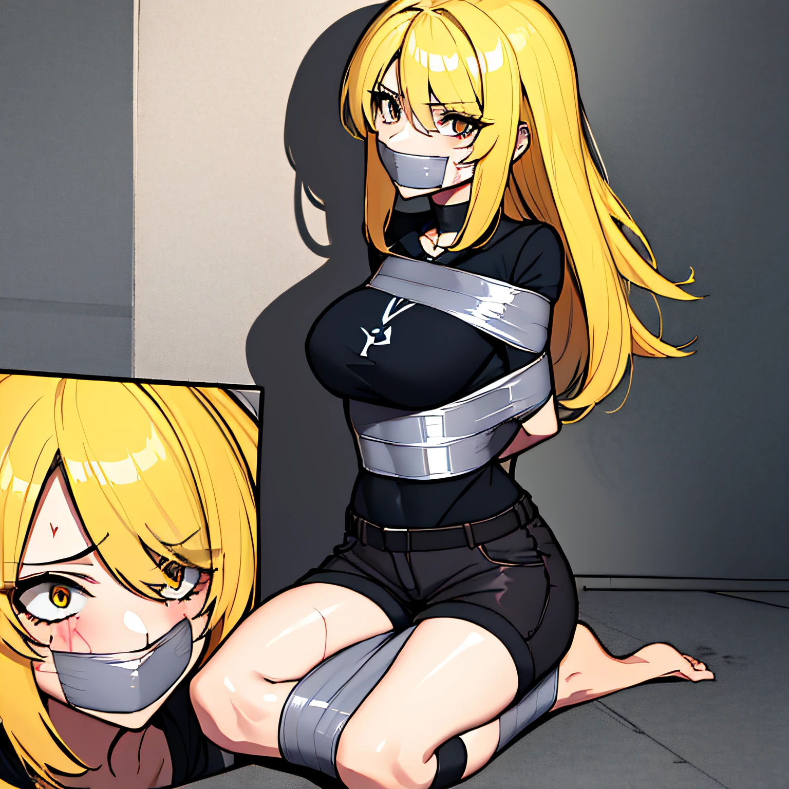 (absurdres, 8k, 4k, masterpiece, hyper extreme detailed:1.2), solo, 1girl, front view, portrait, best quality, expressive eyes, perfect face, 1girl, portrait, solo, standing, Female, toned body, mature female, small breasts, pale, hair covering one eye, long hair, adult, gold eyes, psychotic, laughing, blood, bloody, falling, clouds, crazy eyes, messy hair, swept bangs, perfect anatomy, front view, apocalypse background, t-shirt, shorts, scars, scuffs, injuries, reckless, dangerous, blonde hair, insane, crazy, chaotic, destruction, death, burning church background, emotionless, evil, restless, cold, malicious, menacing, anti hero, dark magic, demonic, bleeding, restless, cloak, armor, torn clothing, tattered clothes, pale skin, blackened armor, sword, smirk,bound, bondage, (arms behind back:1.4), bdsm, tape gag, tape, tape bondage, close-up, restrained, best anatomy, full body, taped thighs, taped legs, legs together, tape wrapped, wrap gag, bondage,