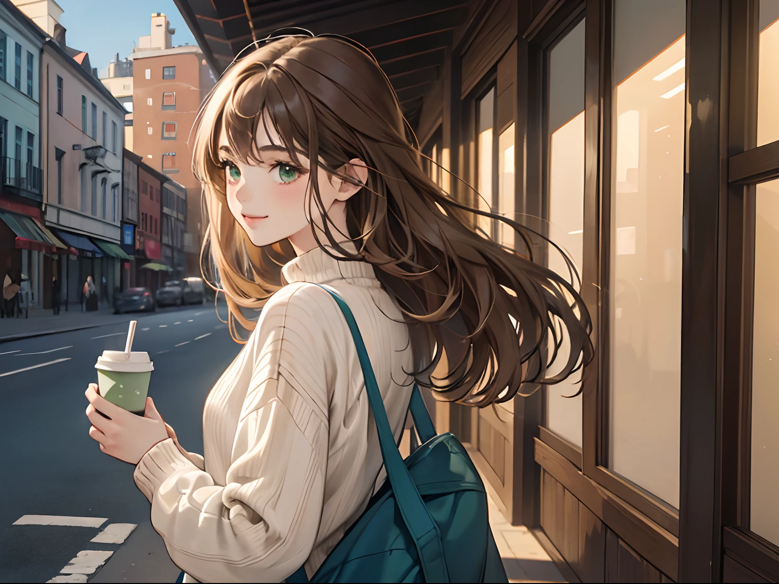 watercolor paiting, line-drawing, monotone, Profile of a woman with a clear face through brown hair, Holding a coffee cup in one hand, Facing up, Stranger, ssmile, Brown loose half-up hairstyle and oversized knit sweater, from the chest up, portlate, SLR, stroll, Fresh green, buliding, Will, 8ｋ