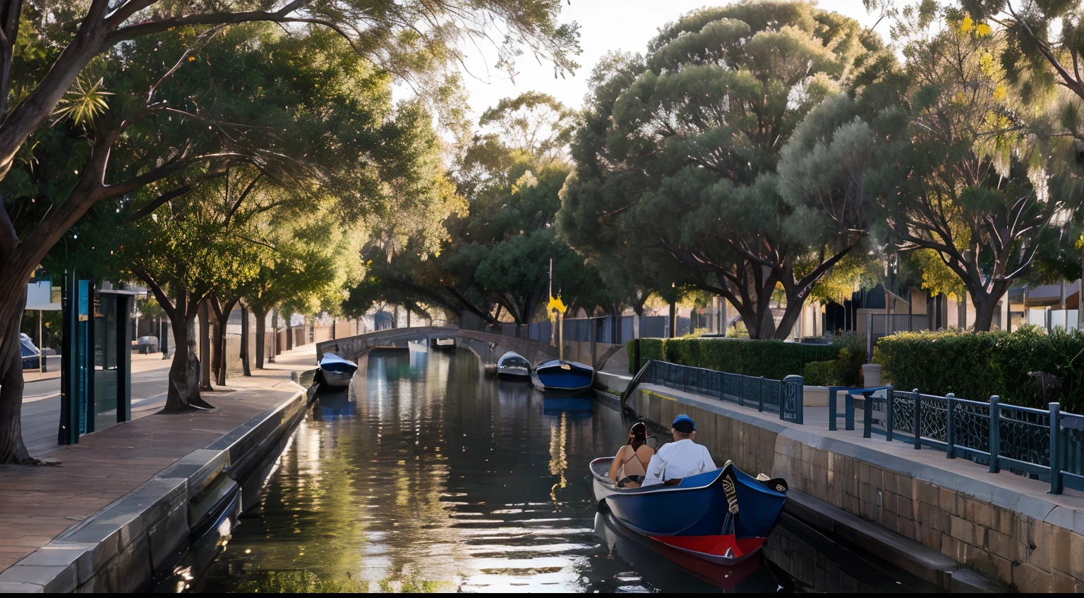 a hyper realistic photography of a Mandurah canals in Perth, Western Australia, no people, Nikon D850 DSLR 4k camera, 100mm lens, F 1.2 aperture setting, bright and natural lighting, vibrant, fun and relaxing atmosphere