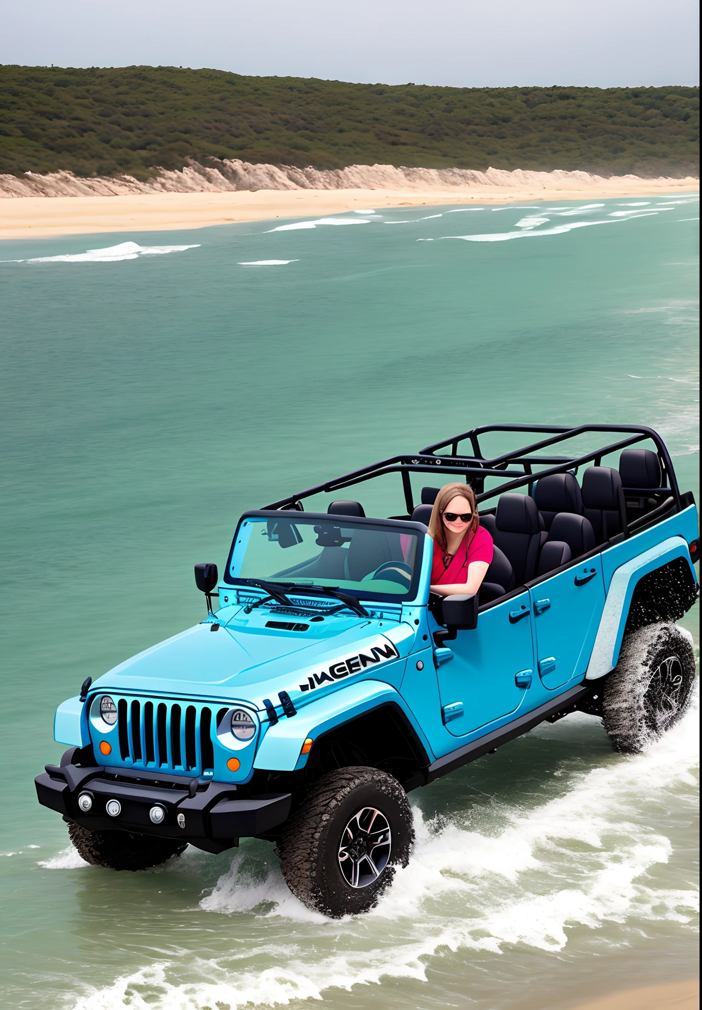 Megan Bayne driving a jeep at the beach