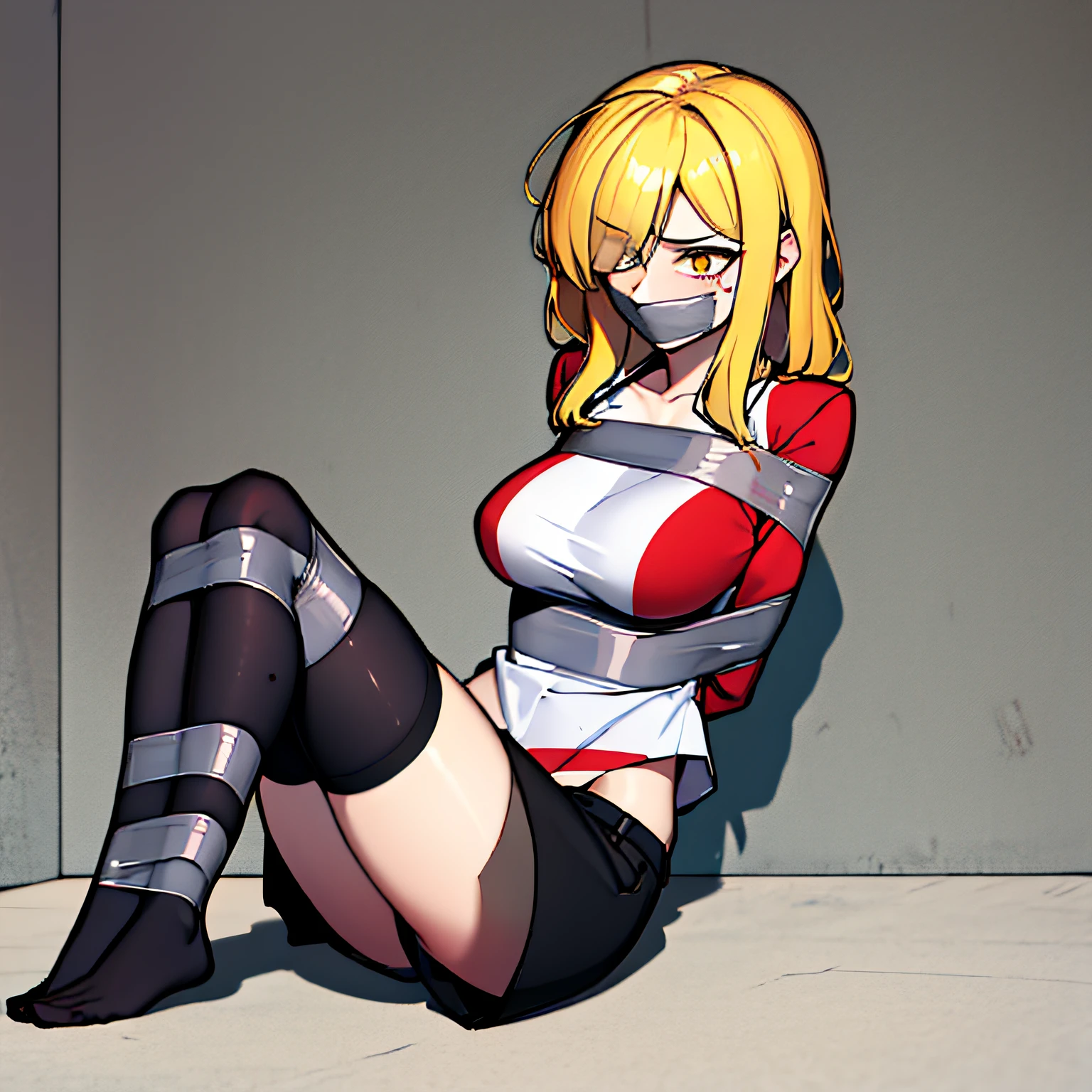 (absurdres, 8k, 4k, masterpiece, hyper extreme detailed:1.2), solo, 1girl, front view, portrait, best quality, expressive eyes, perfect face, 1girl, portrait, solo, standing, Female, toned body, mature female, small breasts, pale, hair covering one eye, long hair, adult, gold eyes, psychotic, laughing, blood, bloody, falling, clouds, crazy eyes, messy hair, swept bangs, perfect anatomy, front view, apocalypse background, t-shirt, shorts, scars, scuffs, injuries, reckless, dangerous, blonde hair, insane, crazy, chaotic, gold, wide eyes, losing your mind, all thrill, destruction, death, despair, burning village background, scared, pain pills, flying, falling, fear, fearful, restless, left behind, abandoned, near divine, bleeding, midas, restless, holding head with hands, upset, crying, closed mouth, bound, bondage, (arms behind back:1.4), bdsm, tape gag, tape, tape bondage, close-up, restrained, best anatomy, full body, taped thighs, taped legs, legs together, tape wrapped, wrap gag, bondage,
