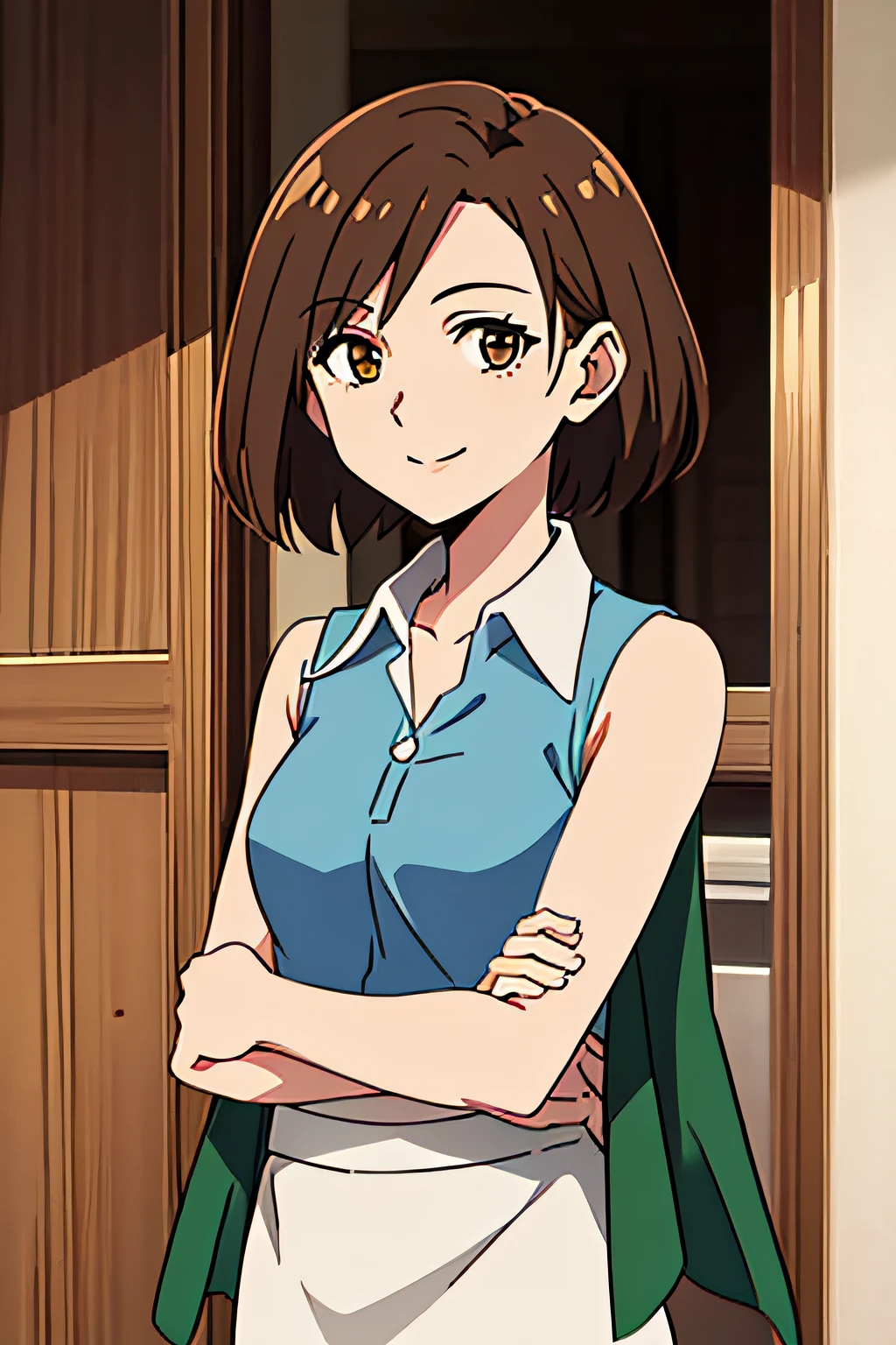 ELLONE, BLUE SHIRT, SLEEVELESS, GREEN SHAWL, WHITE SKIRT, brown hair, 1girl, solo, upper body, facing viewer, looking at viewer, smile,