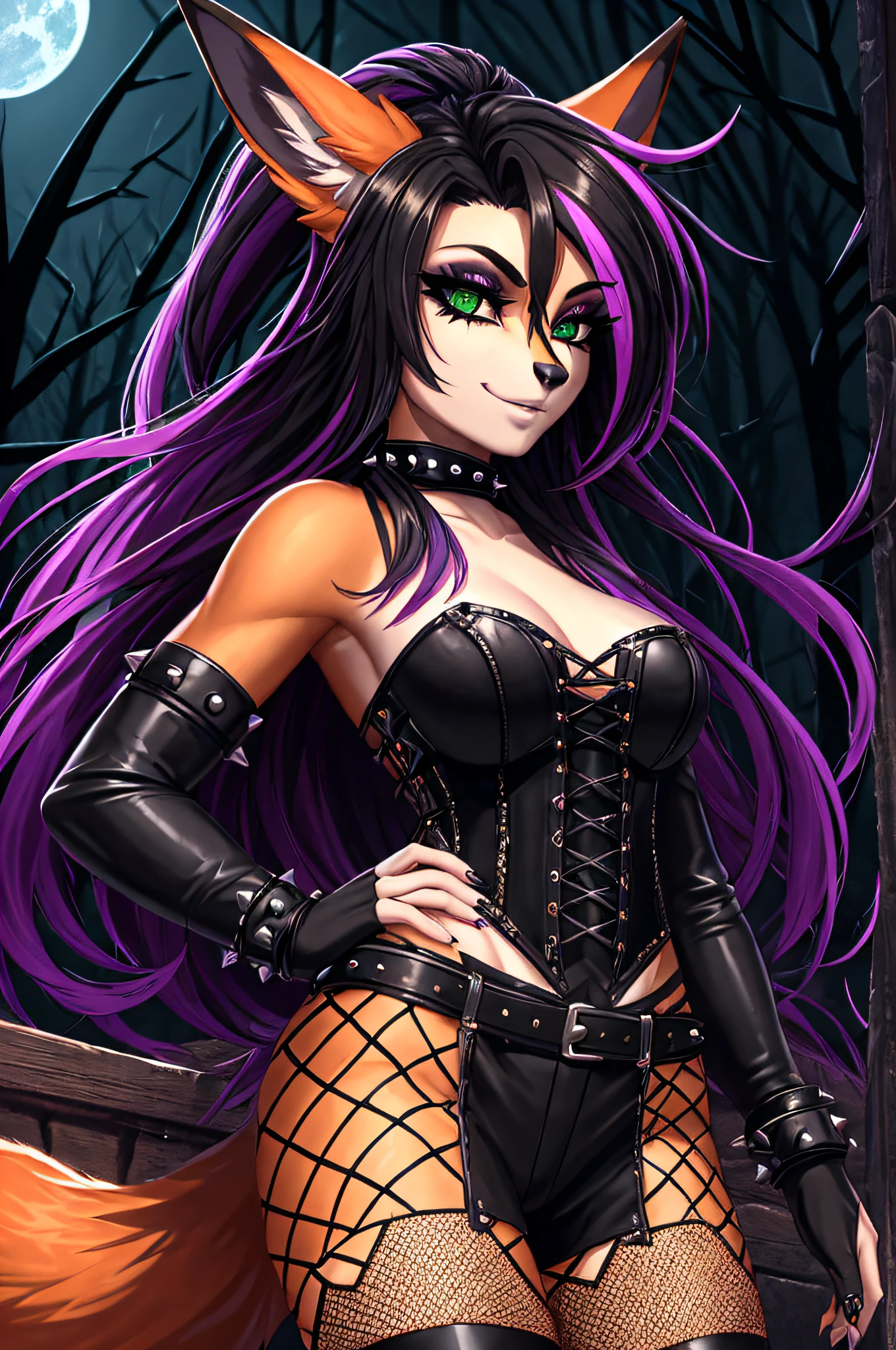 (best quality,4k,8k,highres,masterpiece:1.2),ultra-detailed,(realistic,photorealistic,photo-realistic:1.37),sexy fox girl,((fox snout,fox ears,goth style,punk hair,dark makeup,alluring green eyes,fiery-orange fur)),wild and untamed expression,dangerous beauty,shiny black tail,fierce attitude,black leather choker,studded bracelets,ripped fishnet stockings,edgy outfit with corset,dark and mysterious forest background,ethereal glow from moonlight,soft shadows and highlights,gothic color palette with deep purples and dark greens,subtle smoky eye makeup,wisps of black hair framing the face,l,confident pose with hands on hips,purple highlights in the hair,playful and mischievous expression,slightly tilted head with an enchanting smile,expressive and captivating eyes,black eyeliner and mascara enhancing the allure,subtle glowing tattoos on the arms and legs,slightly tousled punk hairstyle with vibrant streaks ,punk-inspired hair adding an edge,bold choice of jewelry and accessories to complement the goth aesthetic,she exudes both sensuality and strength,creating an intriguing and captivating presence,well-toned abs