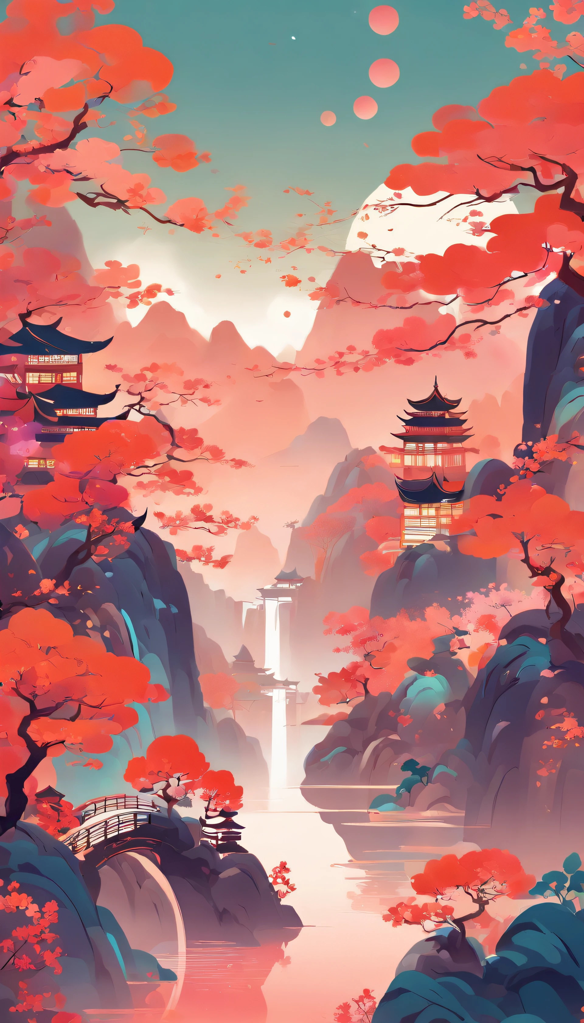 Lunar New Year's Day,Chinese landscape, abstract paintings, Zen, Amy Sol style, Cover art with light abstraction, Simple vector art, Contemporary Chinese art, Gradient of color, Soft color palette, layered forms, Whimsical animation, The style is ethereal and abstract