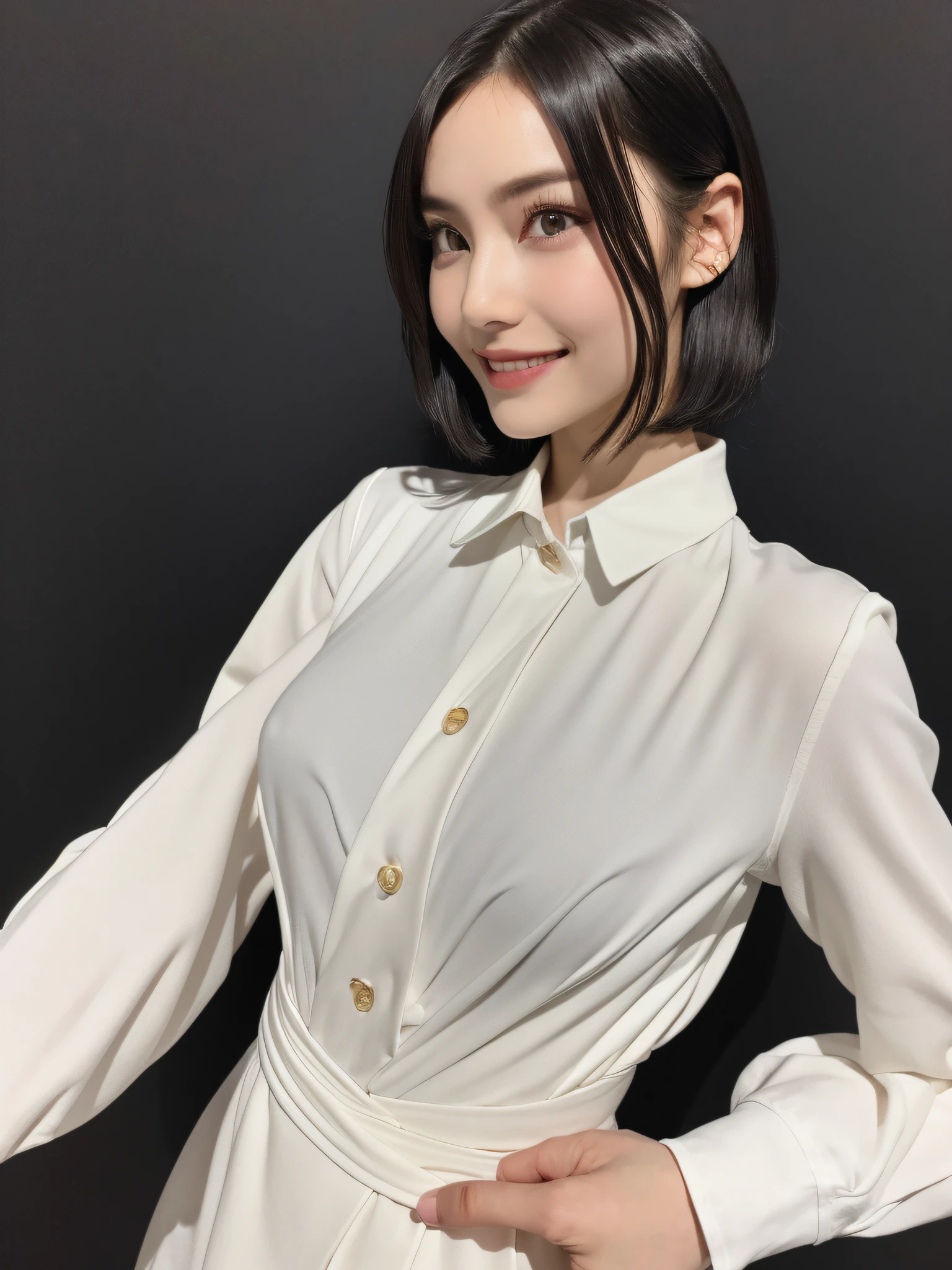 (masterpiece:1.3), (8k, photorealistic, RAW photo, best quality: 1.4), japanese, (1girl), beautiful face, (realistic face), (black hair, short hair:1.3), beautiful hairstyle, realistic eyes, beautiful detailed eyes, (realistic skin), beautiful skin, attractive, ultra high res, ultra realistic, highly detailed, golden ratio,  (detaled face:1.2),looking at viewer,smile,open white shirt,medium breasts,standing,hand on hip