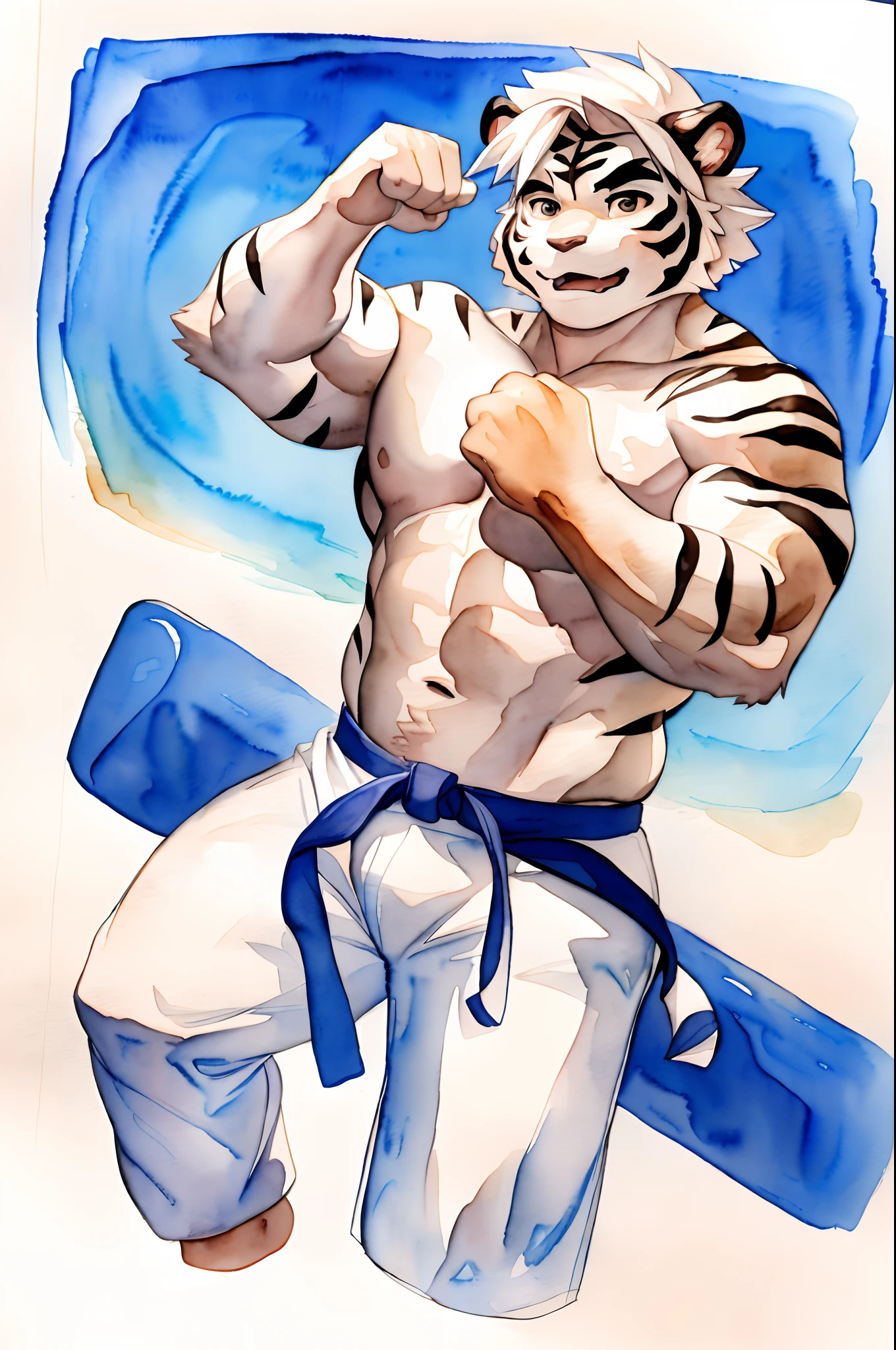 Hominidae, Pose for Camera. 4K, high resolution, Best quality, posted on e621, (Anthropomorphic white tiger:1.2), male people, 20yr old, Thick eyebrows, Light blue stripes, Ultra-short hair, shaggy, Strong body, large pecs, ((Shirtless)), He is practicing Chinese martial arts, Pink milk clusters, sweat leggs, white leggings underneath, Small raised, In the gym, 独奏, (sport, Muscular, Heavyweight:1.2), Correct anatomy, (White background, Watercolor background:1.1), (by Chunie, author:Taran Fidler:0.8), (Detailed eyes:1.2), Sexy, (cel-shaded:1.2), cartoon shading, (aquarelle:1.2), Serious expressions, Be red in the face, (view the viewer:1.2)