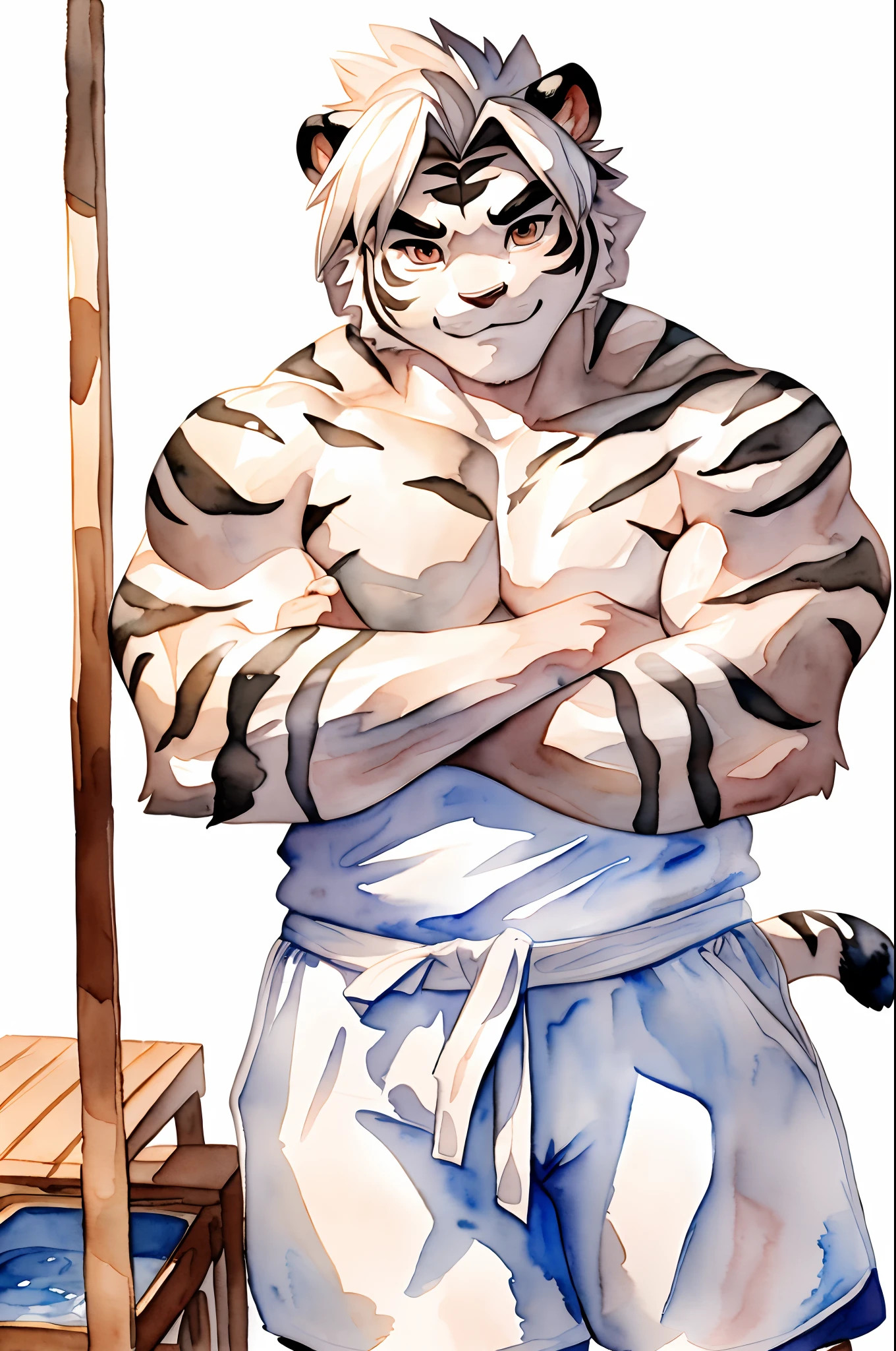 Hominidae, Pose for Camera. 4K, high resolution, Best quality, posted on e621, (Anthropomorphic white tiger:1.2), male people, 20yr old, Thick eyebrows, Light blue stripes, Ultra-short hair, shaggy, Strong body, large pecs, ((Shirtless)), He is practicing Chinese martial arts, Pink milk clusters, sweat leggs, white leggings underneath, Small raised, In the gym, 独奏,  (sport, Muscular, Heavyweight:1.2), Correct anatomy, (White background, Watercolor background:1.1), (by Chunie, author：Taran Fidler:0.8), (Detailed eyes:1.2), Sexy, (cel-shaded:1.2), cartoon shading, (aquarelle:1.2), Serious expressions, Be red in the face, (view the viewer:1.2)