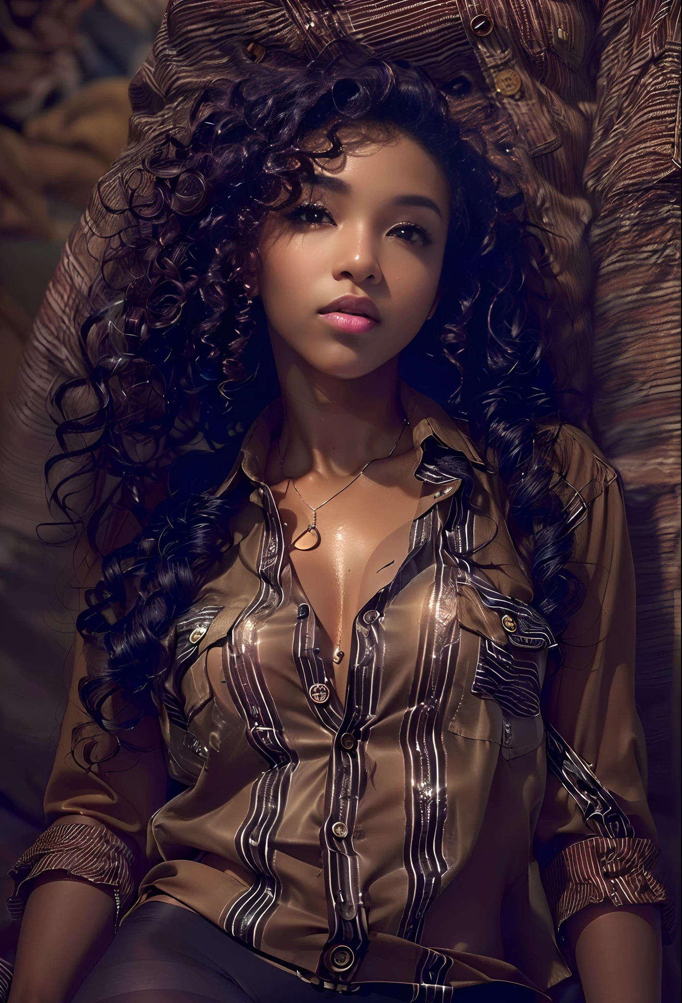 ((21-year-old))) black girl, (((light skin))),  (((close-up full body pose))),  (((long curly black hair))), (((pantyhose))), (((wearing mans button up  shirt mostly unbuttoned))), Rich, Deep Colours, (intricate details:0.9), (HDR, hyper-detailing:1.2), (natural skin textures, hyper realisitc, glistening skin, soft light, Sharp),