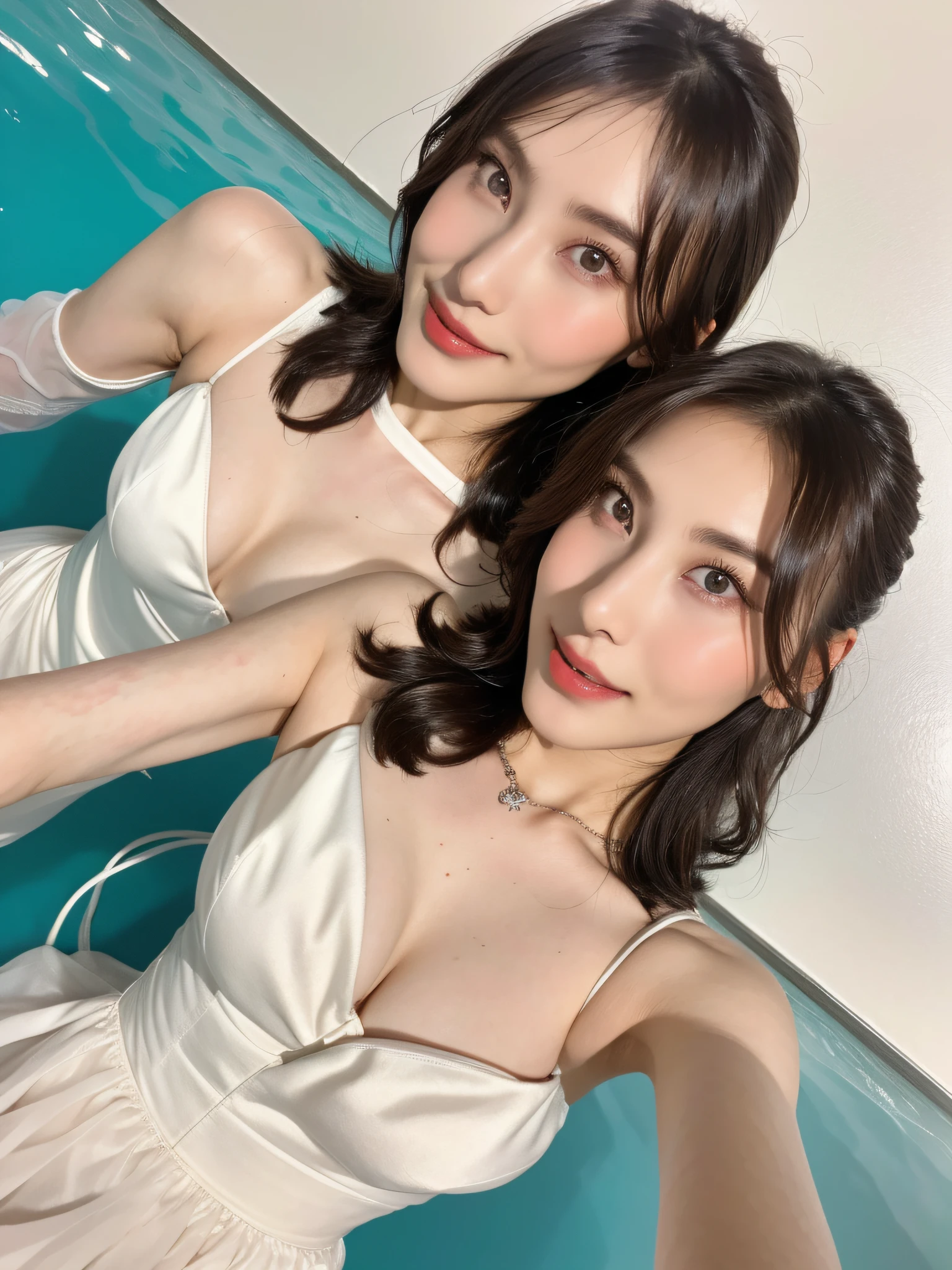 Thin skin、bangss、bare shoulders​、Beautiful large breast、Chest squeezed together、On the water、In the pool、Detailed pool background、hair between eye、length hair、oval-face、二重まぶた、cparted lips、Brown-eyed、独奏、((The areol))、(cleavage of the breast)、 hairarmpits[wrinkles]、delicate and sexy(鎖骨:1.3)、ligh brown hair、(shinny skin:0.8)、(masuter piece:1.4)、(top-quality:1.4)、natural(Medium chest:0.7)、glossy red lips、Perfect Abs、(Sheer areol)、(sheer fabrics)、wet​(perspired、sodden)、low angles、(From the angle from below)、High Detail Skin、Skin pores、(SFW)、vestments