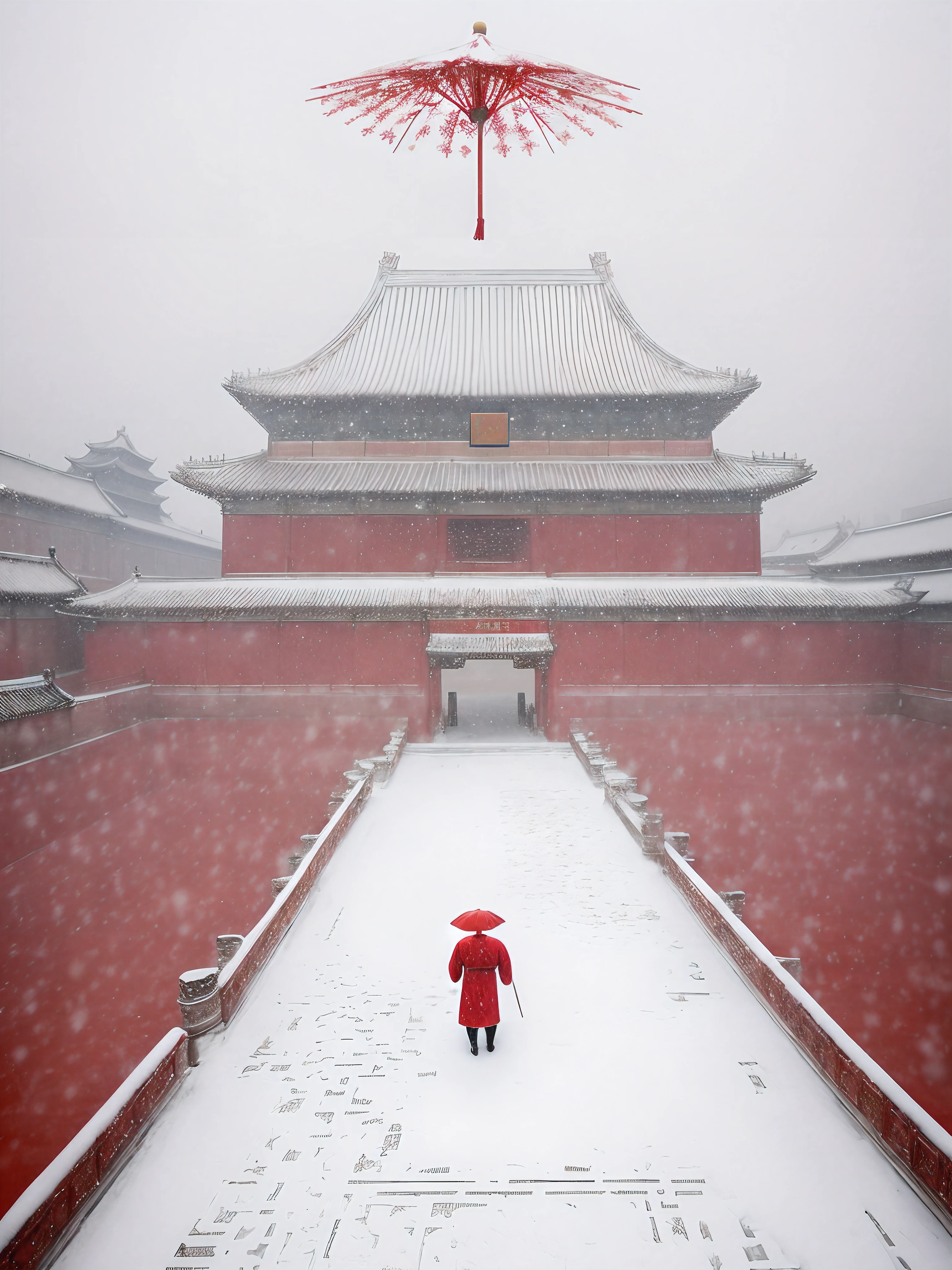 A man in a red robe stands in a snowy courtyard with an umbrella, By Fei Danxu, in forbidden city, It snowed in the Forbidden City, In the foreground there are hanging branches，Snowflakes in the sky，