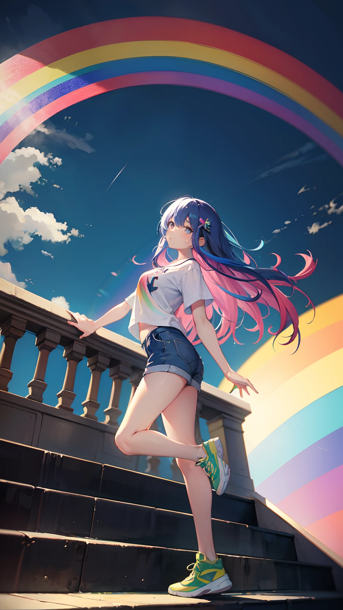 1girl, long hair, rainbow hair, short pants, standing on stairs with one leg up, detailed, cool oufit, detailed hand : 1.2