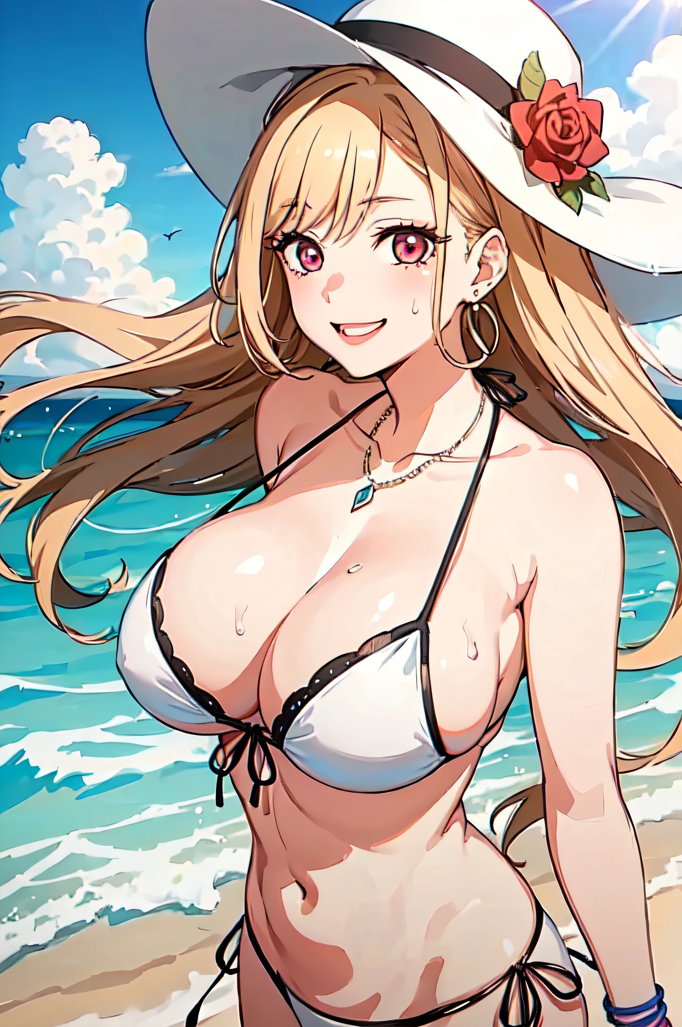 (masterpiece:1.2, best quality), (1lady, solo, upper body:1.2), Clothing: white bikini, wide-brimmed hat, strappy sandals, Accessories: shell necklace, Hair: loose beach wavy, Makeup: natural, glowing skin, Behavior: relaxed, carefree, free-spirited, Location: beach, resort, outdoor festival, gigantic breasts, huge boobs, large cleavage, big thighs, sexy figure, soaking wet, (beautiful detailed face, smiling, beautiful detailed eyes), (sunbeam, sunlight, rose, wind), marin kitagawa