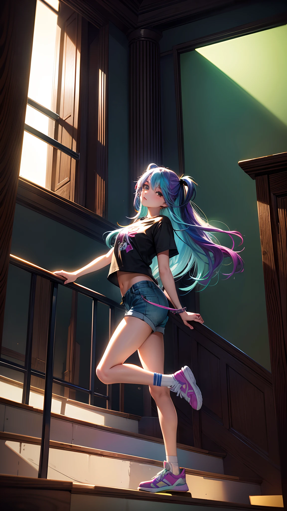 1girl, long hair, rainbow hair, short pants, standing on stairs with one leg up, detailed, cool oufit, detailed hand : 1.2