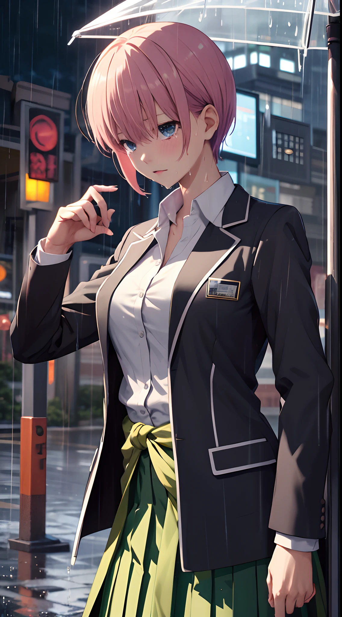masterpiece, best quality, highres, aaichika, short hair, white shirt, collared shirt, black jacket, blazer, open jacket, long sleeves, clothes around waist, green skirt, pleated skirt, wet, (rain:1.3), night, sad, tears