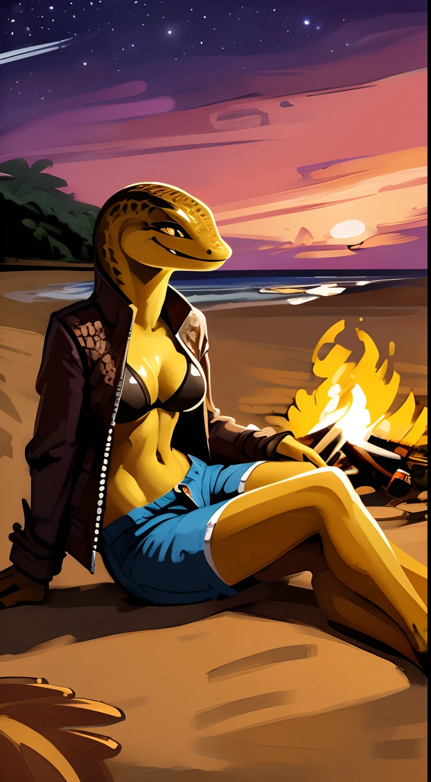 moray eel ,1girl,best quality,masterpiece, beach,black bikini, yellow skin with brown spots, bittenhard art style, beautiful details, beautiful textures, beach, dusk, stars in the sky, looking at the viewer, sitting by a campfire, smile,Sharp teeth,relaxed,open jacket, shorts,long snout,