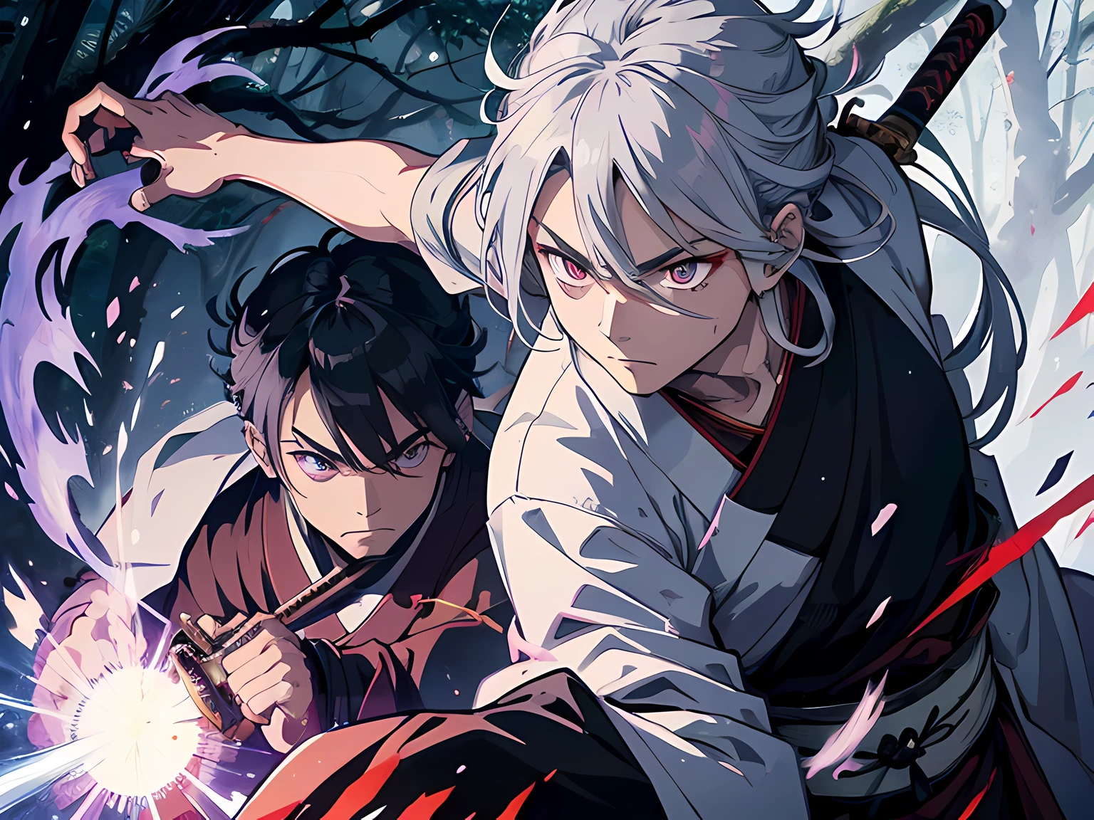 Japan samurai, long gray hair. he is a righteous samurai who fight evil. he wear white and black kimono. he is fighting with other samurai. he hold a sword with flames coming out from his sword. the background is in the forest. Masterpiece, high-resolution, detailed eyes, purple eye color.