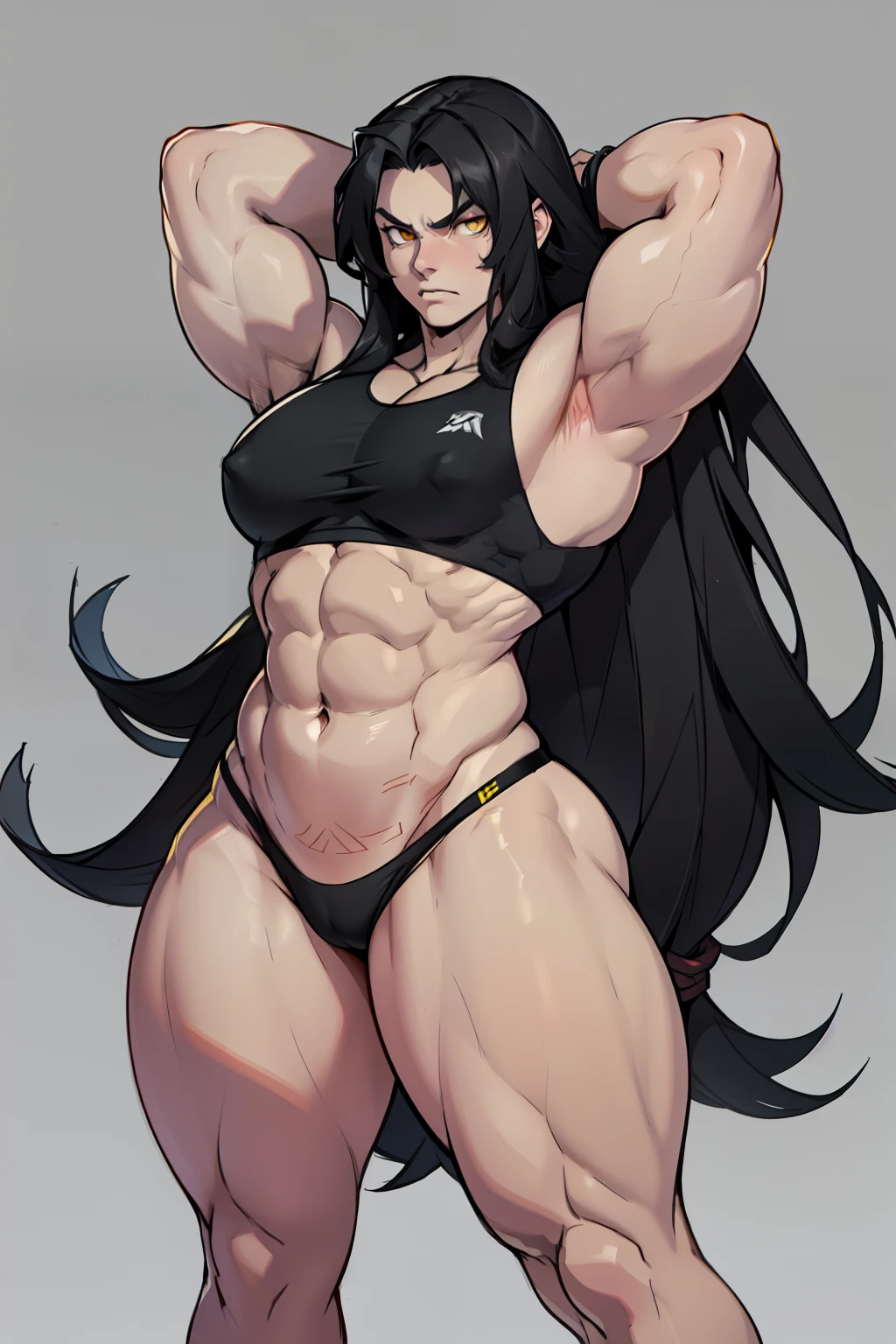 ((grey background))  pale skin black hair yellow eyes (very long hair) angry ((1 girl muscular toned body bodybuilder curvy wide hips thick thighs)) (solo) standing (arms over head)