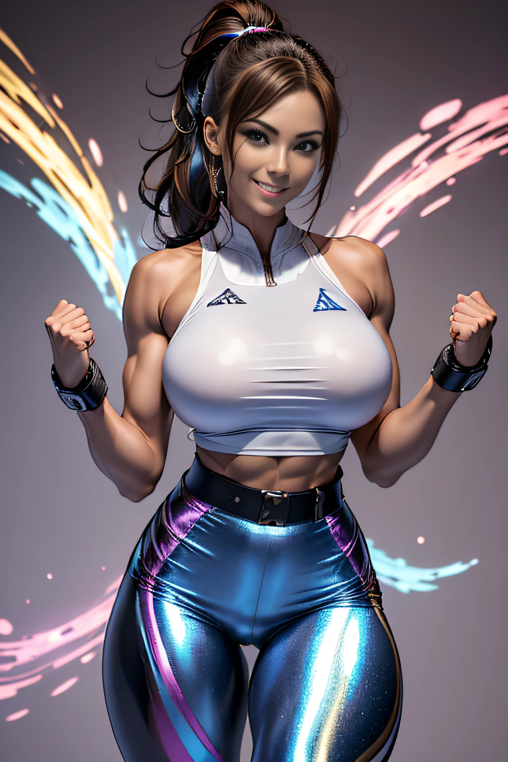 Arafe woman solo with ponytail hair、Fighting Game Fighter、Fitness Model、Big breasts about to burst、No exposed skin、Metallic Light Rainbow Combat Suit、thin and long legs,、Fitness Body Shape、half-pants、White belt、Pose ready to fight、Mischievous smile