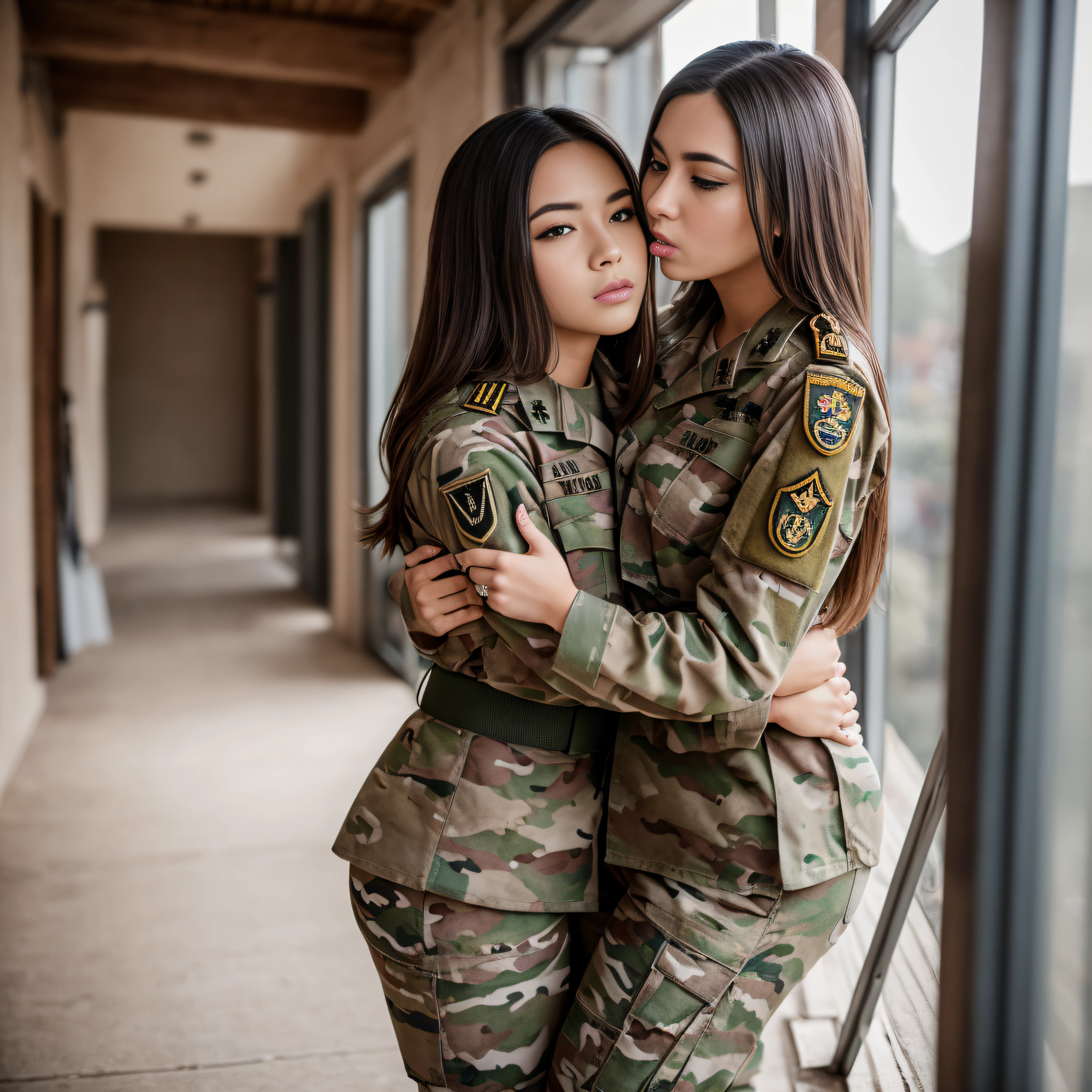 (Photorealistic), Beautiful lighting, Best Quality, Realistic, Full body portrait, real picture, Intricate details, depth of fields, 2 lesbian girls hugging and passionately kissing hand on chest and hand on ass hands between legs on crotch in, On a warm day, Very muscular soldier girls with a haircut, Fatigue of the army wearing army utility uniform, , highly detailed, Perfect face, Blue eyes, Lips, wide hips, Small waist, tall, make up, Tactic, FUJI XT3, in barracks, bright light, Beautiful lighting, Raw photo, 8K UHD, Film grain, ((Bokeh))