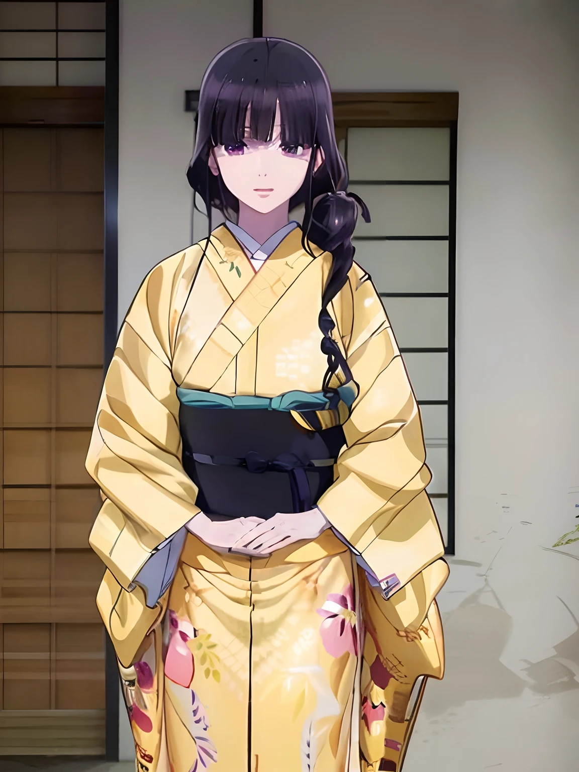 masuter piece, Best Quality, 超A high resolution, top-quality, Anime style, My happy marriage, Saimori Mercer, Black-purple hair, (Yellow Hachijo Kimono:1.3), (1girll:1.3), Dark face, (Plaid yukata:1.3)