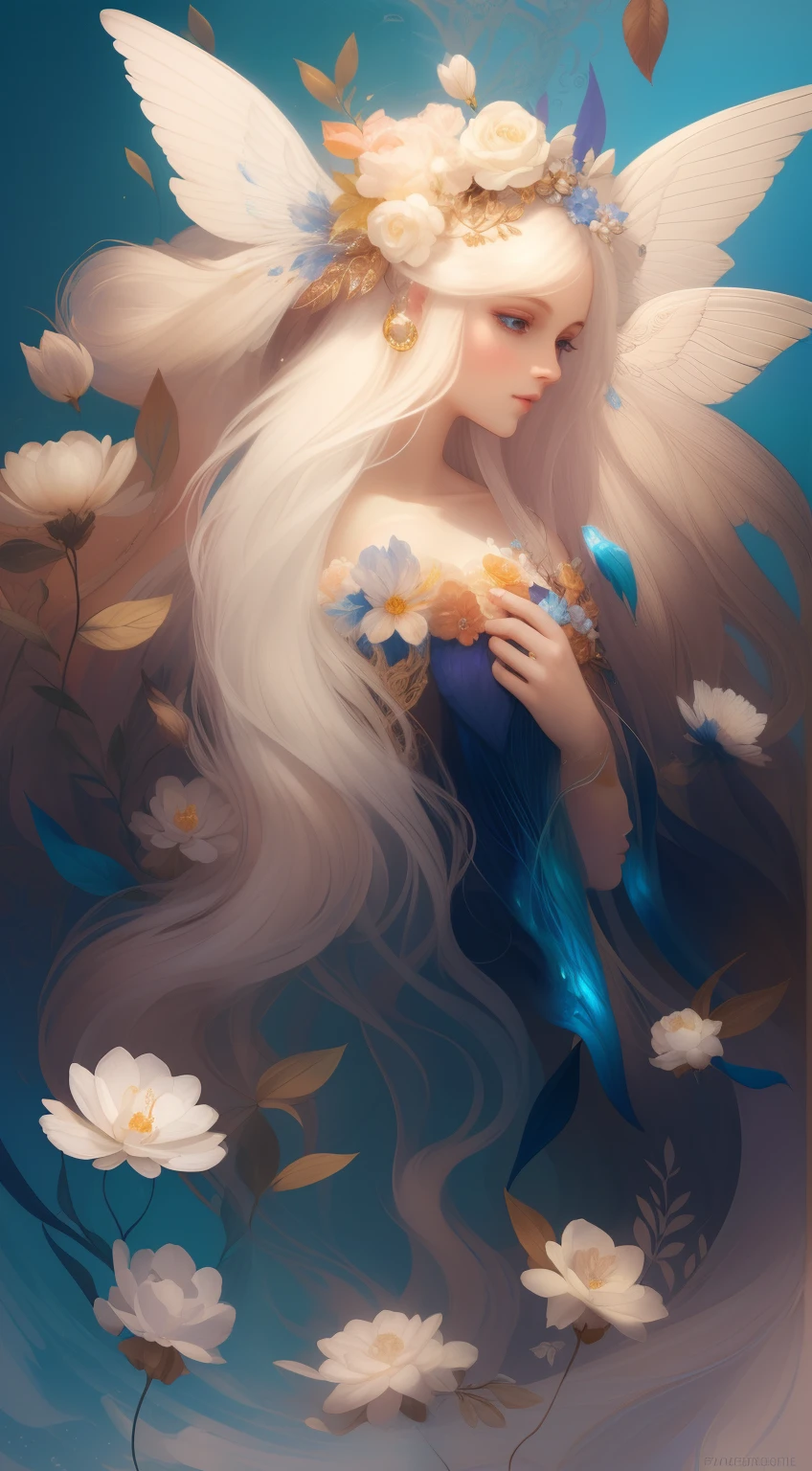 ((gorgeous princess)), (with long flowing white hair), (bright and beautiful eyes), (side profile), trend on art station, flower of hope by Jean-Honor Fragonard, Peter mohrbacher, super Detailed, crazy detail, stunning, intricate, elite, art nouveau, ornate, liquid wax, elegant, luxurious, Greg Rutkowski, ink style, sticker, vector art beautiful character design, double exposure shot, luminous design, winning entry, masterpiece, amoled black background,