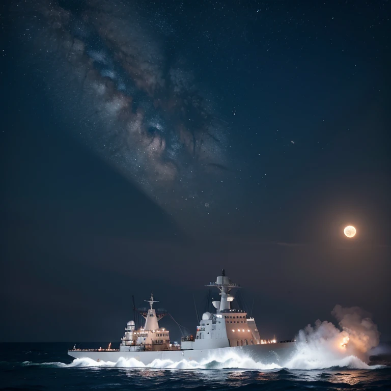 warships，the sea，swell sea，火焰，smoke of gunpowder，nigh sky，themoon