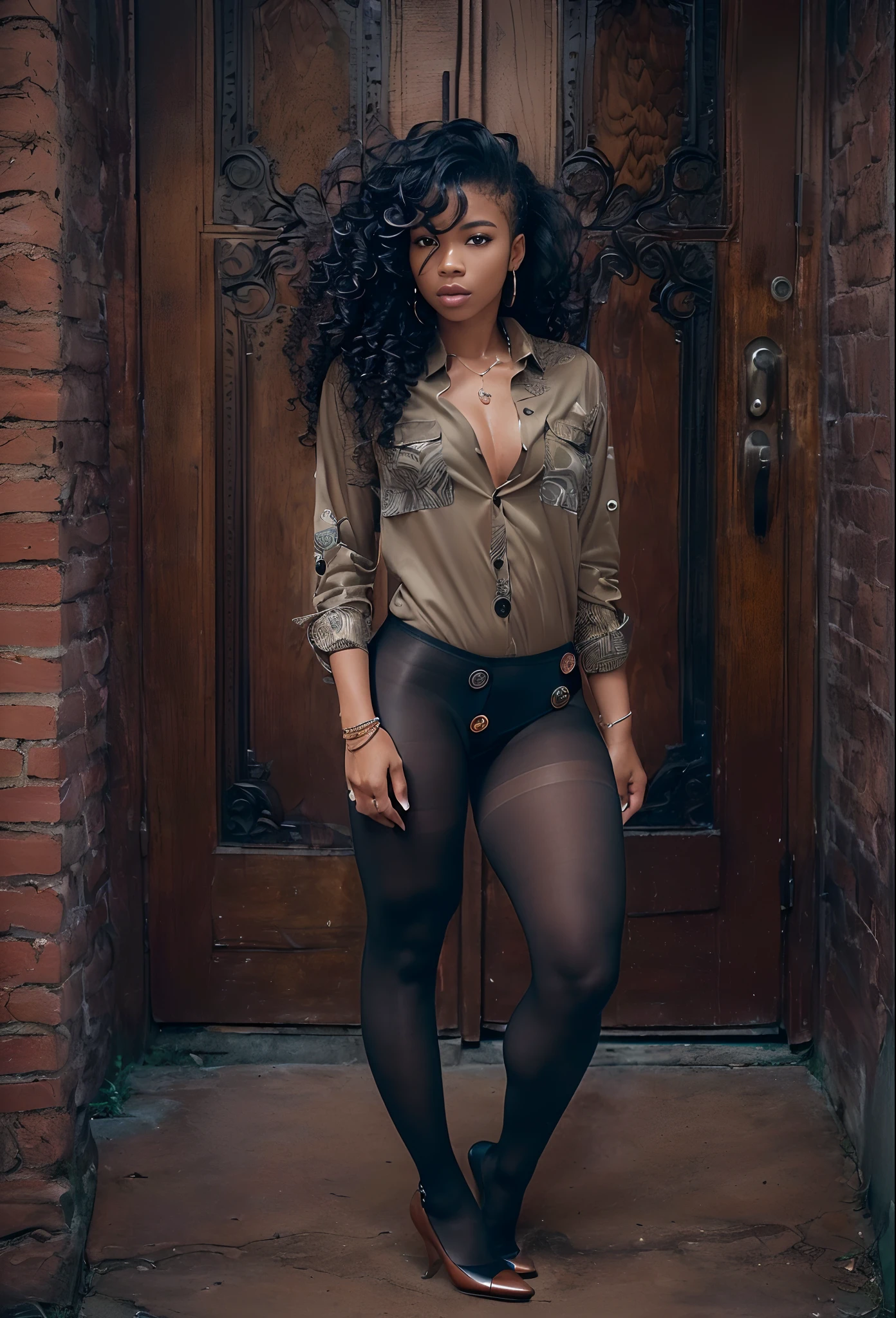 ((21-year-old))) black girl, (((light skin))), (((close-up full body pose))), (((long curly black hair))), (((pantyhose))), (((wearing mans button up shirt mostly unbuttoned))), Rich, Deep Colours, (intricate details:0.9), (HDR, hyper-detailing:1.2), (natural skin textures, hyper realisitc, glistening skin, soft light, Sharp),