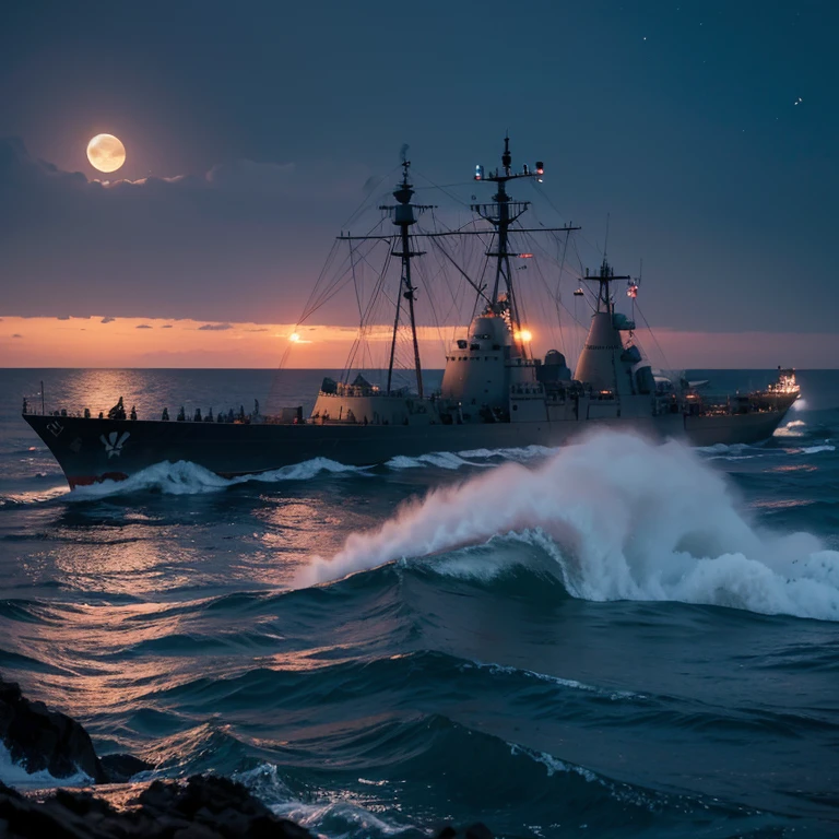warships，the sea，swell sea，火焰，smoke of gunpowder，nigh sky，themoon