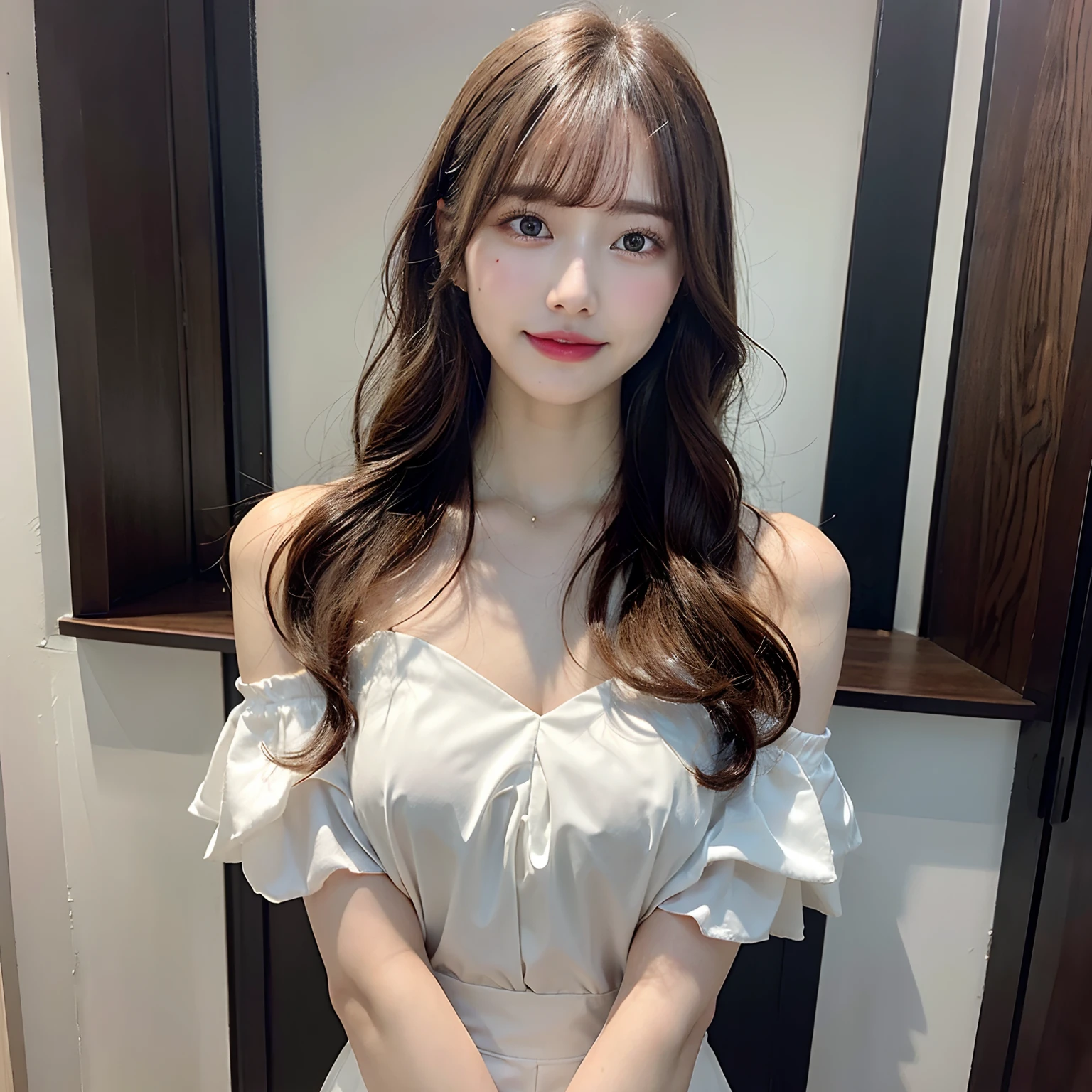 (masutepiece:1.3), High resolution, ultra-detailliert, the Extremely Detailed CG Unity 8K Wallpapers, Realistic, Photorealsitic, Raw photo, beautifull detailed face, pale skin, realistic glistening skin, Detailed Cloth Texture, detailed hair texture, Perfect body, Beautiful face, acurate, Anatomically correct, Highly detailed face and skin texture, Natural neck length, (Beautiful hands), (Fair skin:1.2), thin legs, Thin feet, (Aligned teeth:1.1),
BREAK,
Detailed eyes, symmetrical eye, Light brown eyes, Double eyelids, Thin eyebrows, (Glossy lips:1.4), ((Shy smile:1.2)), (blush:1.1),
BREAK,
(Classy and cute girl:1.3), (Wearing an elegant one-shoulder white silk blouse:1.2), (long round skirt of red color,:1.3),
medium breasts, (Slender figure:1.1), Firm abs, Beautiful collarbone, (Look up at me with upturned eyes),
(Dark blonde hair, Wavy Hair:1.1), ((Long hair:1.2)), ((asymmetrical bangs:1.2)), (upperbody shot:1.2), From above, (Face Focus),