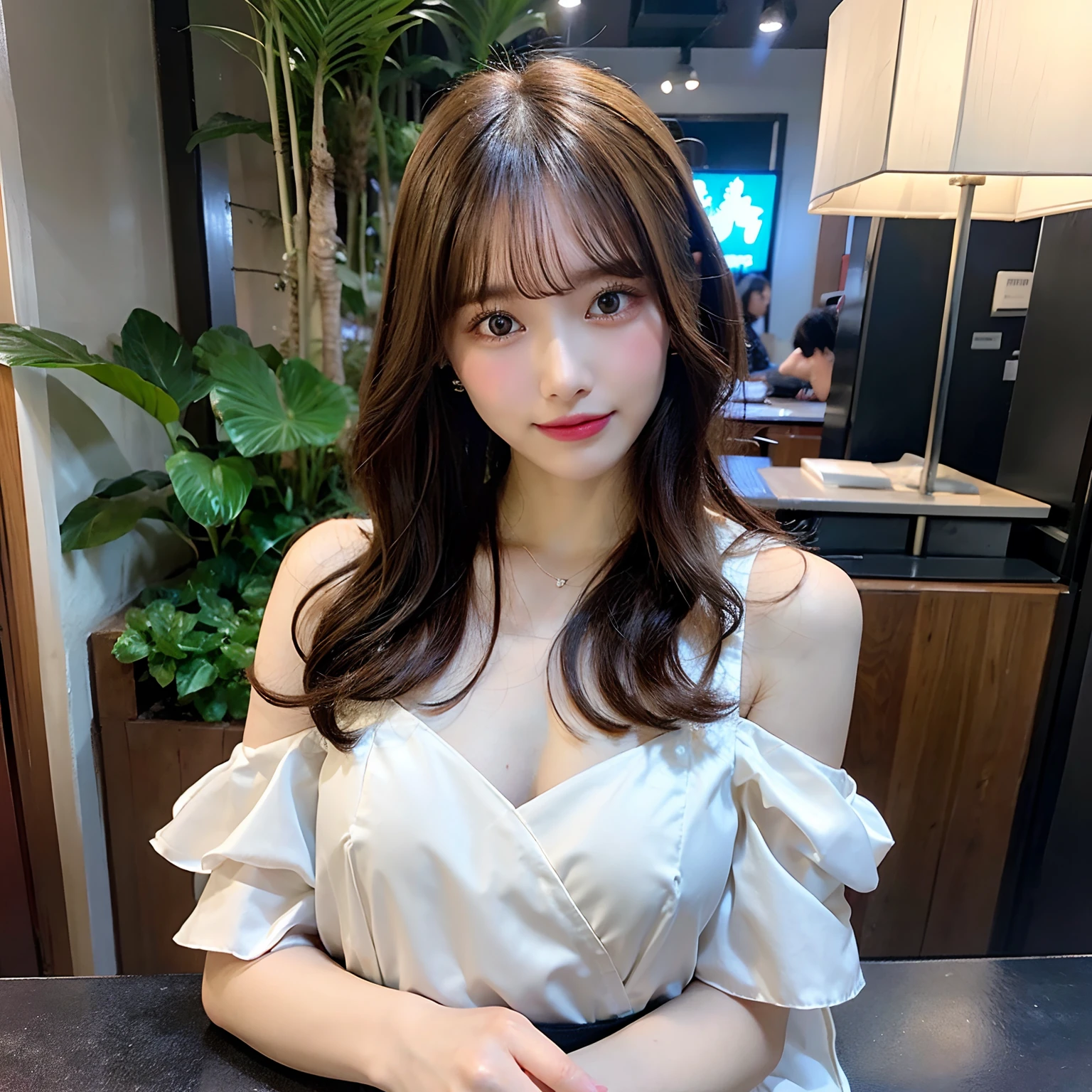 (masutepiece:1.3), High resolution, ultra-detailliert, the Extremely Detailed CG Unity 8K Wallpapers, Realistic, Photorealsitic, Raw photo, beautifull detailed face, pale skin, realistic glistening skin, Detailed Cloth Texture, detailed hair texture, Perfect body, Beautiful face, acurate, Anatomically correct, Highly detailed face and skin texture, Natural neck length, (Beautiful hands), (Fair skin:1.2), thin legs, Thin feet, (Aligned teeth:1.1),
BREAK,
Detailed eyes, symmetrical eye, Light brown eyes, Double eyelids, Thin eyebrows, (Glossy lips:1.4), ((Shy smile:1.2)), (blush:1.1),
BREAK,
(Classy and cute girl:1.3), (Wearing an elegant one-shoulder white silk blouse:1.2), (long round skirt of red color,:1.3),
medium breasts, (Slender figure:1.1), Firm abs, Beautiful collarbone, (Look up at me with upturned eyes),
(Dark blonde hair, Wavy Hair:1.1), ((Long hair:1.2)), ((asymmetrical bangs:1.2)), (upperbody shot:1.2), From above, (Face Focus),