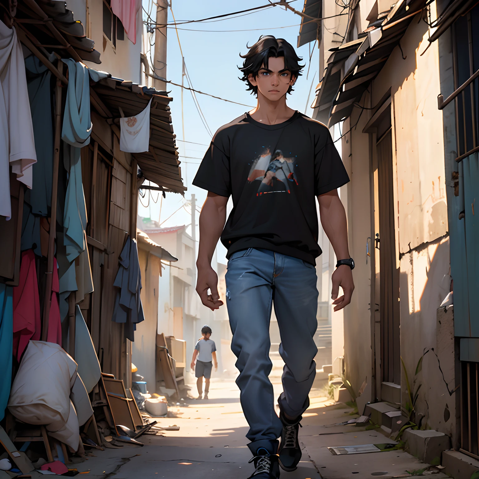 Athletic  black haired young man with slightly curly shoulder length black hair, orejas puntiagudas, vestido con unls simples jean's azules una playera blanca una sudadera negra y un par de botas negras, Aggressive gaze with a rather noticeable horizontal scar over the nose Walk down an alley in a slum