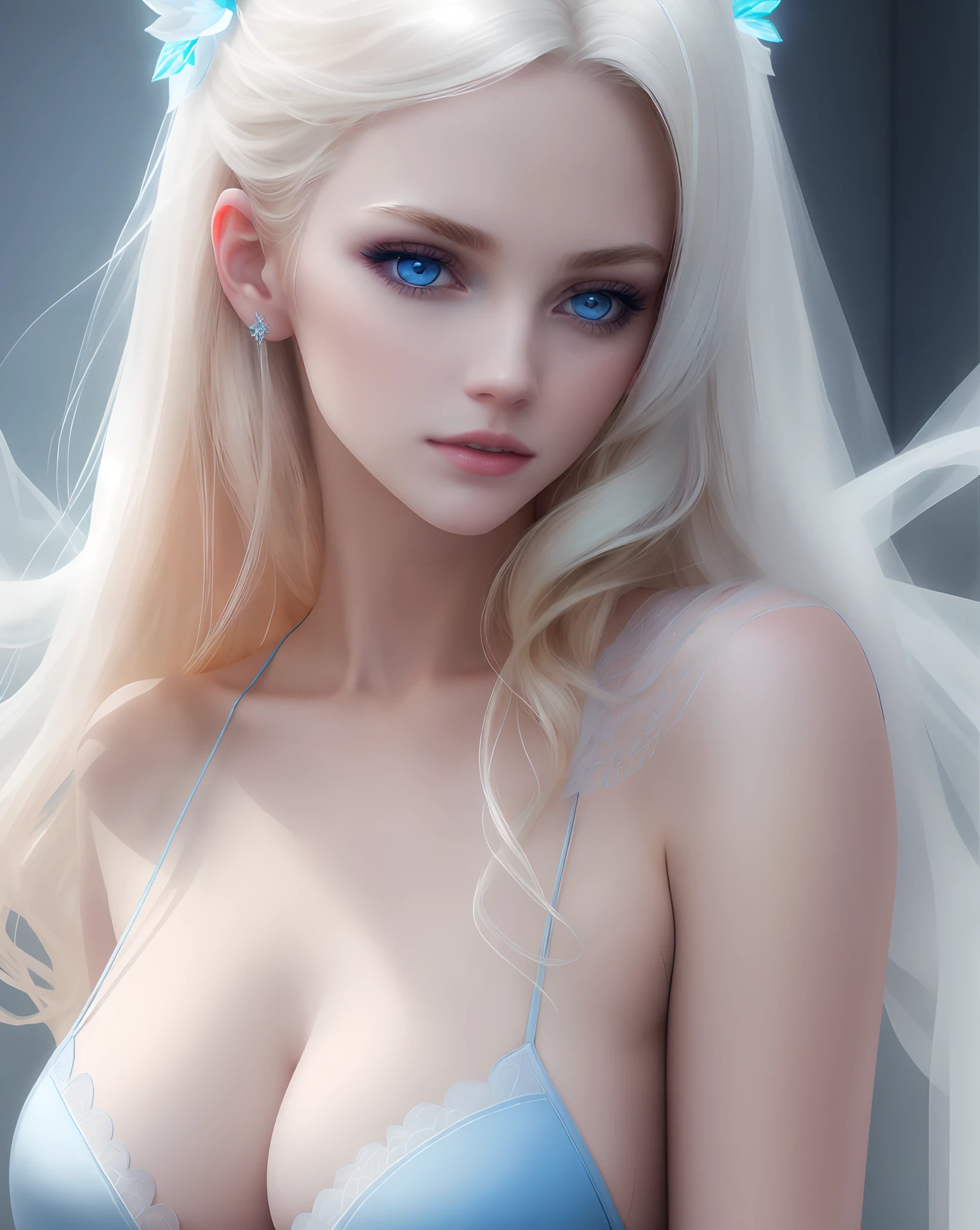 Photorealsitic、fullnude、fox ear、Blonde woman posing with blue eyes and white bra top in photo, pale bluish skin, inspired by Elsa Bleda, Large breasts, Sensual neckline,Gorgeous Gold Necklace、 ethereal beauty, Colorful portrait, beautiful pale makeup, pale blue eyes, pastel blue eyes, pale blue skin, incredibly ethereal, Impressive ethereal young figure, bright pale blue eyes, Stunning portrait, Ethereal hair, editorial portrait, black tone