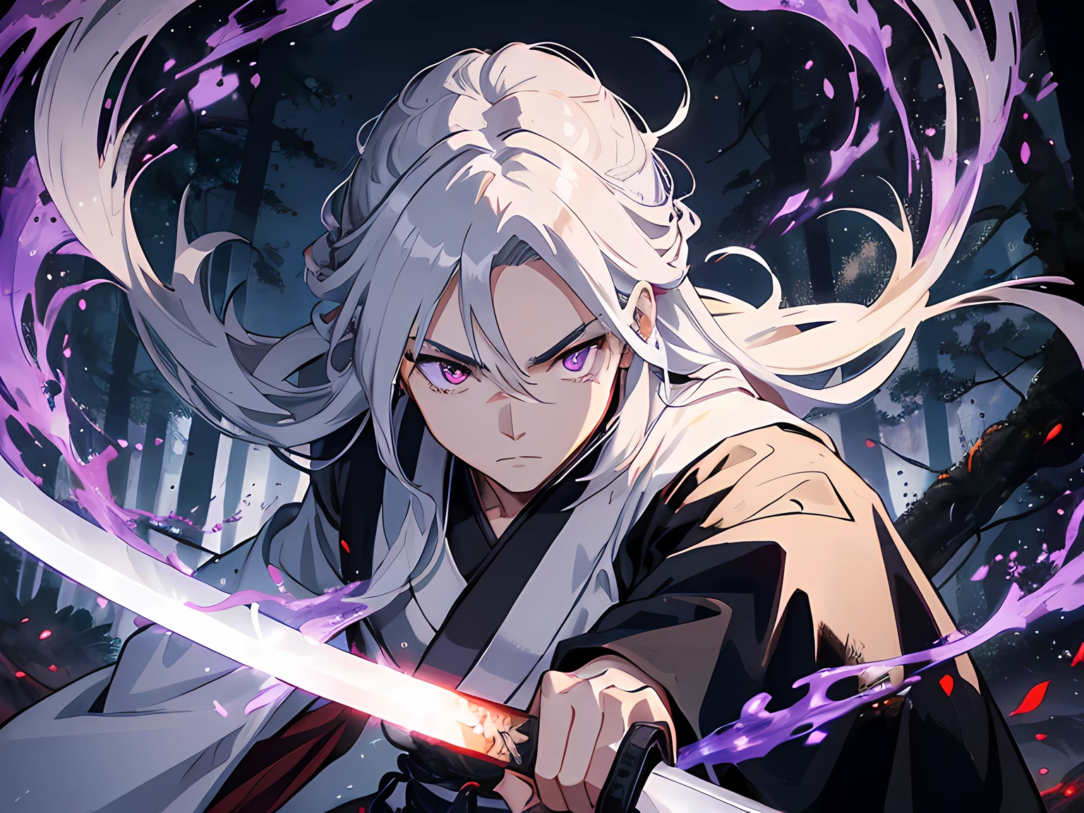 Japan samurai, long gray hair. he is a righteous samurai who fight evil. he wear white and black kimono. he is fighting with other samurai. he hold a sword with flames coming out from his sword. the background is in the forest. Masterpiece, high-resolution, detailed eyes, purple eye color.