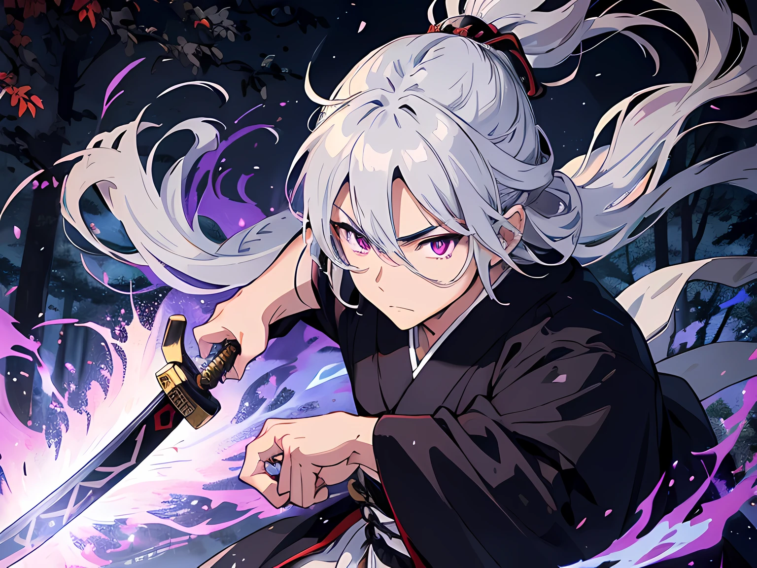 Japan samurai, long gray hair. he is a righteous samurai who fight evil. he wear white and black kimono. he is fighting with other samurai. he hold a sword with flames coming out from his sword. the background is in the forest. Masterpiece, high-resolution, detailed eyes, purple eye color.