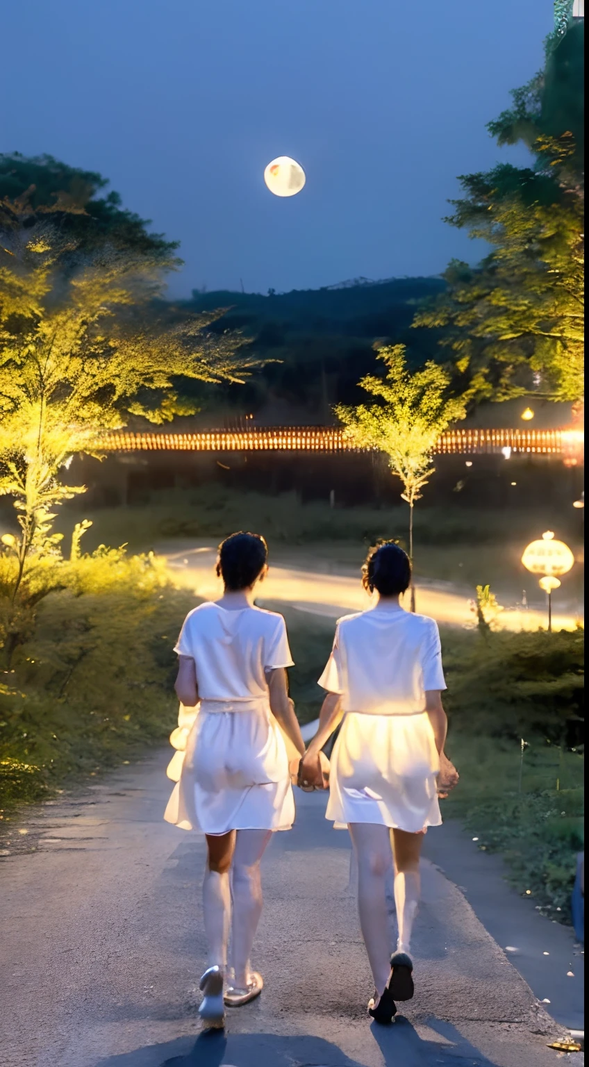 two girls walking a forest road night