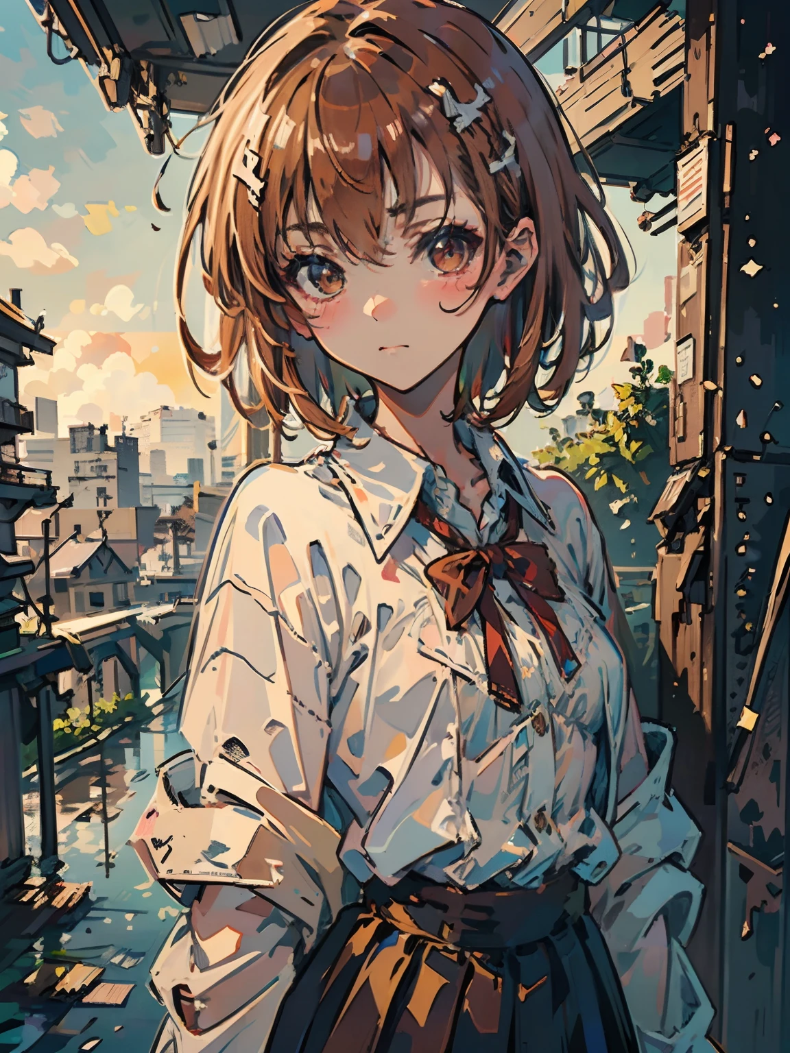 (masterpiece, best quality),(impressionism:1.4), misaka_mikoto, brown eyes, looking at viewer, solo, short_hair, closed_mouth, collared_shirt, looking_at_viewer, school_uniform, shirt, white_shirt, small_breast, classroom