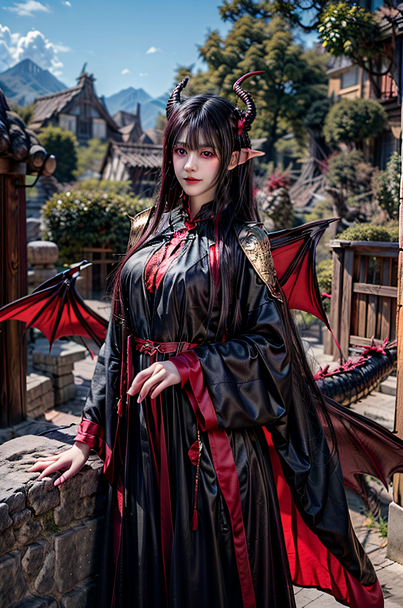 Red eyes,(Long black hair:1.2),Long hair,Face lighting,Bright backlight,Medium breasts,Super high resolution,Best quality,photore,4K,(Realistic:1.2),Dragon Husband,1girll,Dragon-inspired characters,piercing gaze,(Dragon horns:1.3),(Dragon wings:1.5),Long flowing hair,mesmerizing eyes,