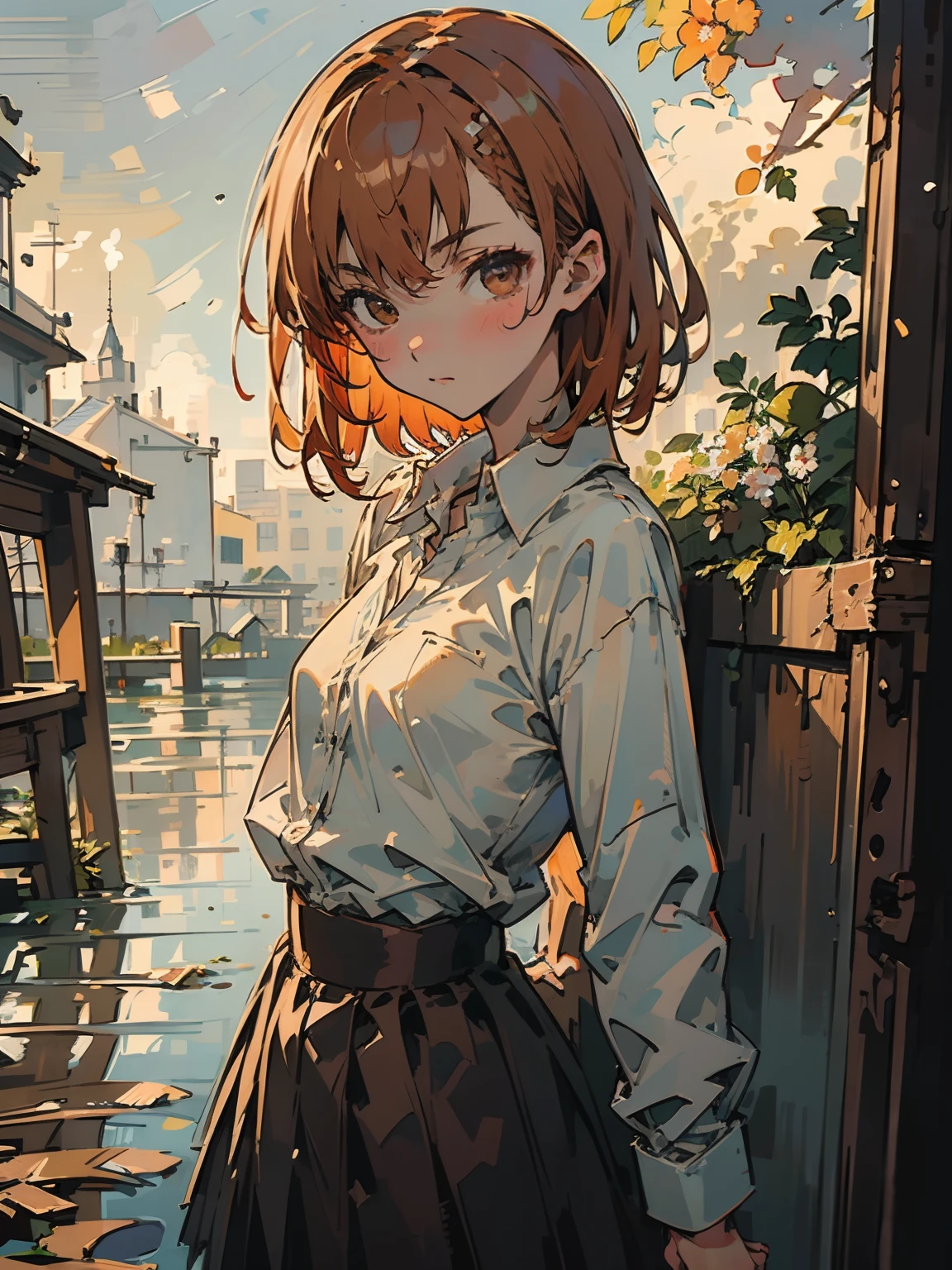 (masterpiece, best quality),(impressionism:1.4), misaka_mikoto, brown eyes, looking at viewer, solo, short_hair, closed_mouth, collared_shirt, looking_at_viewer, school_uniform, shirt, white_shirt, small_breast, classroom