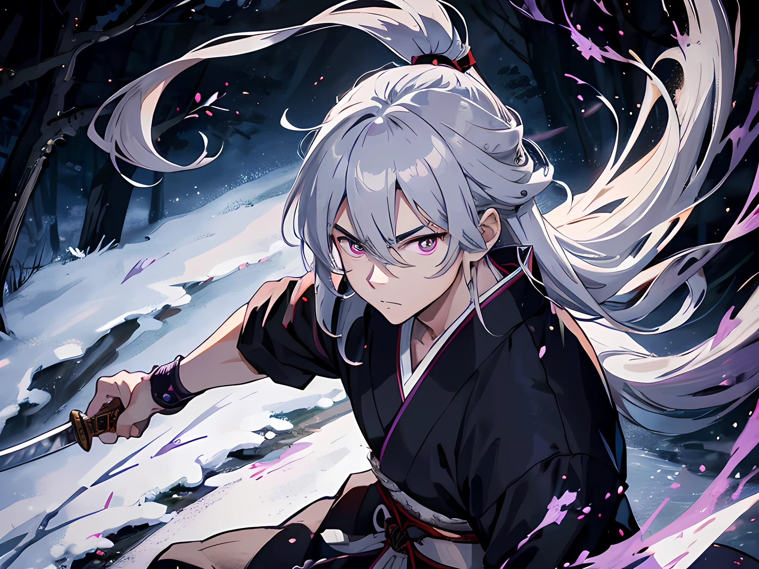 Japan samurai, long gray hair. he is a righteous samurai who fight evil. he wear white and black kimono. he is fighting with other samurai. he hold a sword with flames coming out from his sword. the background is in the forest. Masterpiece, high-resolution, detailed eyes, purple eye color.