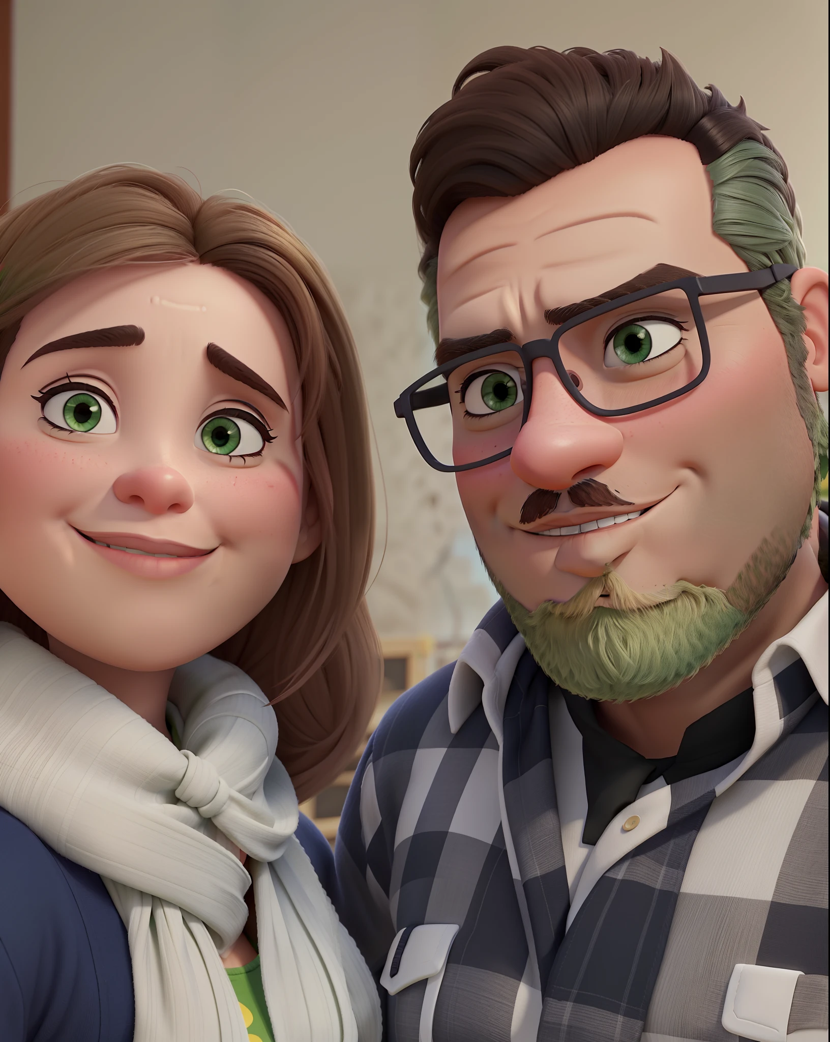 romantic couple, sunny day, homem com barba, mulher loira com olho verde, igual aos filmes Disney Pixar