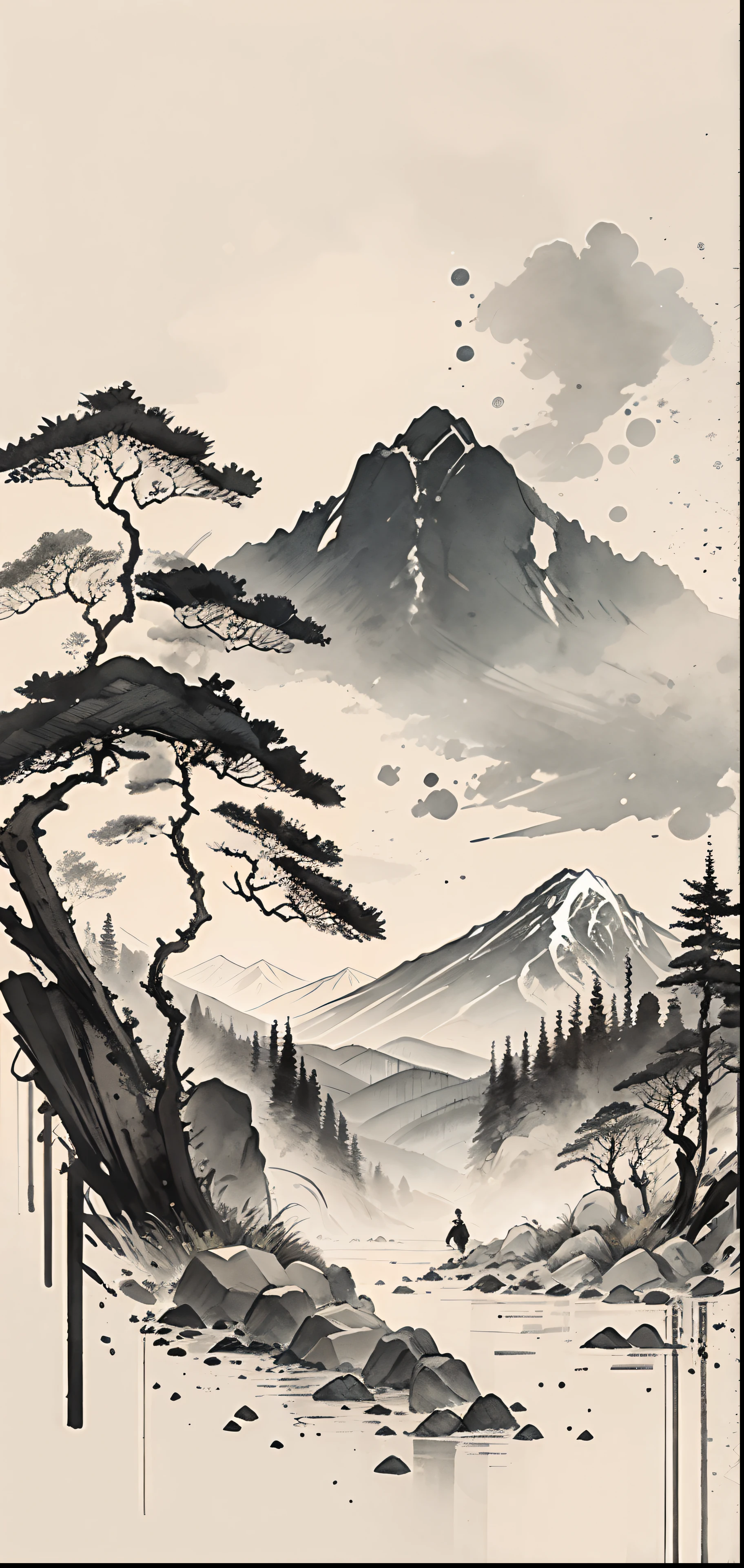 (Masterpiece, best quality: 1.2), (No_Humans), mountains in the distance, traditional Chinese ink painting, houses, tombstones, meadows