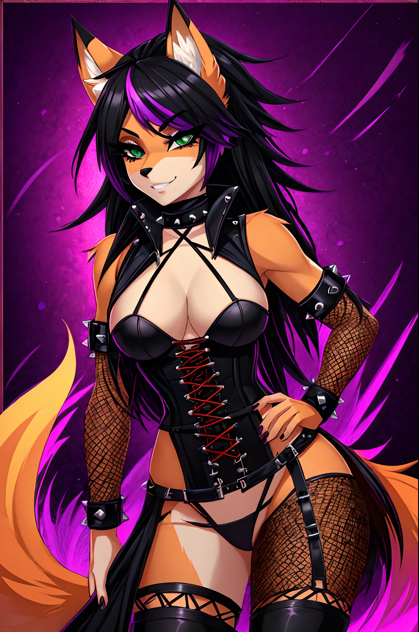 (best quality,4k,8k,highres,masterpiece:1.2),sexy fox girl,(fox snout,fox ears,goth style,punk hair,dark makeup,alluring green eyes,fiery-orange fur),wild and untamed expression,dangerous beauty,fiery-orange tail,fierce attitude,black leather choker,studded bracelets,ripped fishnet stockings,edgy outfit with corset,dark and mysterious forest background,ethereal glow from moonlight,soft shadows and highlights,gothic color palette with deep purples and dark greens,subtle smoky eye makeup,wisps of black hair framing the face,l,confident pose with hands on hips,purple highlights in the hair,playful and mischievous expression,slightly tilted head with an enchanting smile,expressive and captivating eyes,black eyeliner and mascara enhancing the allure,subtle glowing tattoos on the arms and legs,slightly tousled punk hairstyle with vibrant streaks ,punk-inspired hair adding an edge,bold choice of jewelry and accessories to complement the goth aesthetic,she exudes both sensuality and strength,creating an intriguing and captivating presence,well-toned abs