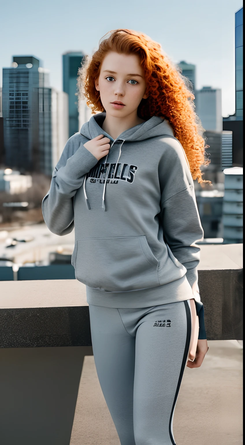 1girl in, , teenager, Solo, Aesthetic artwork, irish  redhead, curly ginger hair, shoulder length ginger hair, some small freckles, pale skin, small breasts, runners body, full body shot, imperfect skin, goosebumps, leggings, (hoodie: 1.35), bracelets, city location, Edmonton, detailed background, blurred out background, Boka, (extremely detailed 8k wallpaper), warm lighting, high quality, film grain, Fujifilm XT3 sharp focus, f 5.6, 50mm, High Detail, Sharp focus,(natural light), (seductive), Realistic, ultra realistic, photo realistic, crazy details, complex details, hyper detailed,