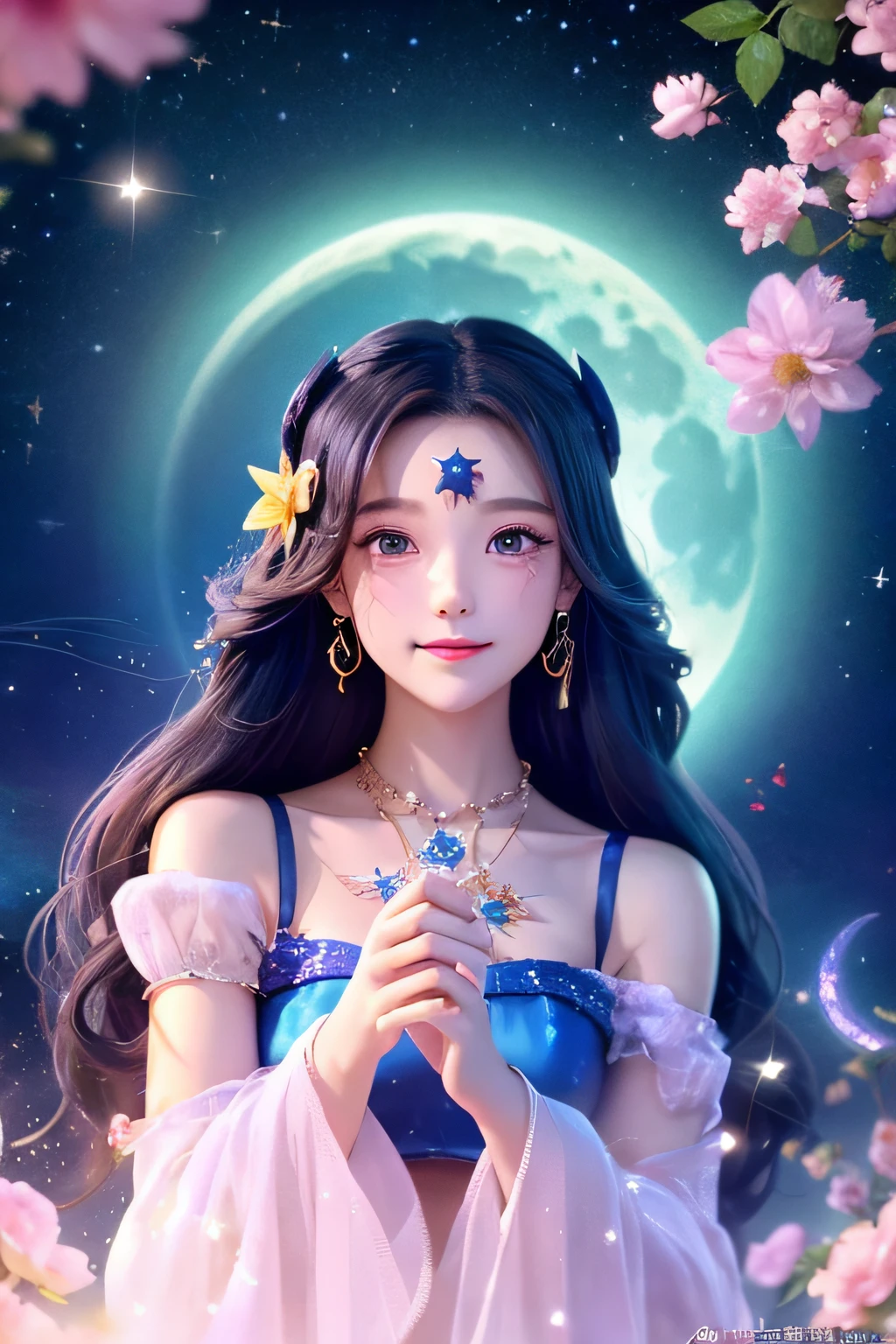 In the night sky with beautiful reflections of stars、A pretty female fortune teller stands。It is surrounded by colorful flowers,、Facing the front。There is a mysterious fortune telling。Her hair is long, Luxuriously curly hair fluttering in the wind。And her outfit is a doggie in pastel colors with organza sparkle。Around her are decorated with motifs of stars and the moon,、There is a mysterious atmosphere in the air。Her eyes are sparkling.、Have a gentle smile。She is a person々Fortune telling of the fate and future of。There are also cute unicorns