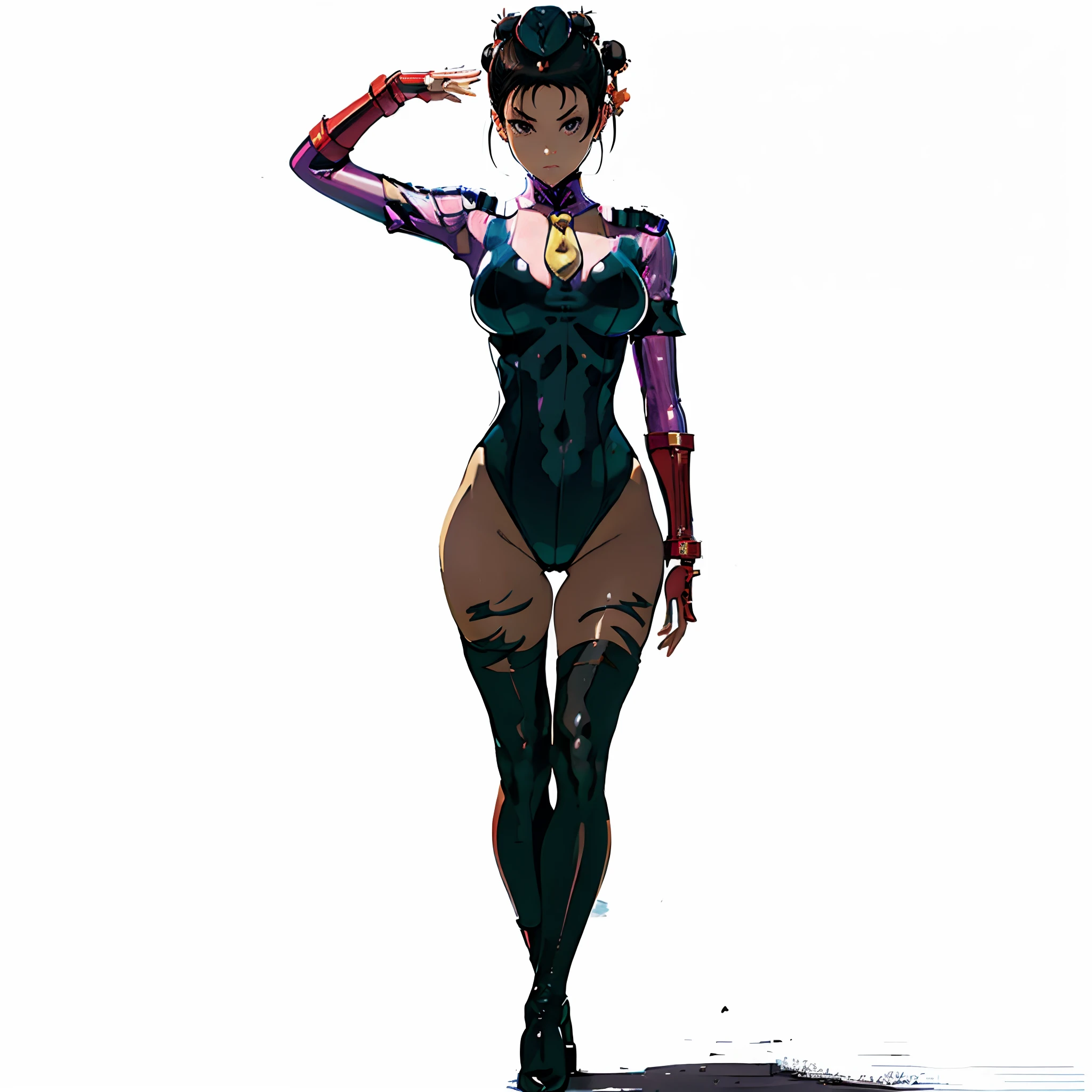 Chun Li, 1girl, aged up, sadistic, AngelMS, solo, large breasts, blurry, blurry background, tech, training, Eyes without light, mind blake, (dollsuit:1.3), ( latex leotard, black leotard:1.3), fingerless glove