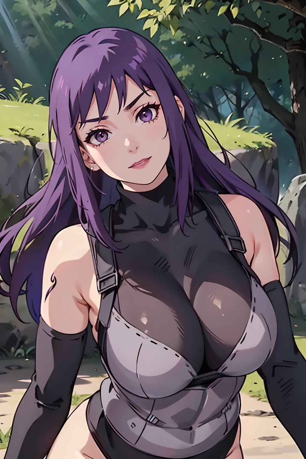 Jade high,1girll,Solo,Upper body,Purple hair, Brown eyes,Long hair,side locks,grey armor,Gray arm guards,black elbow gloves,Black shirt, Sleeveless,Turtleneck,Purple lips,Outdoors,Dead leaves,Red arm tattoo,(Best quality, Masterpiece:1.2), huge tit, cleavage, Crazy swollen breasts, Fitness model, A smile, perspire, Ruddy cheeks