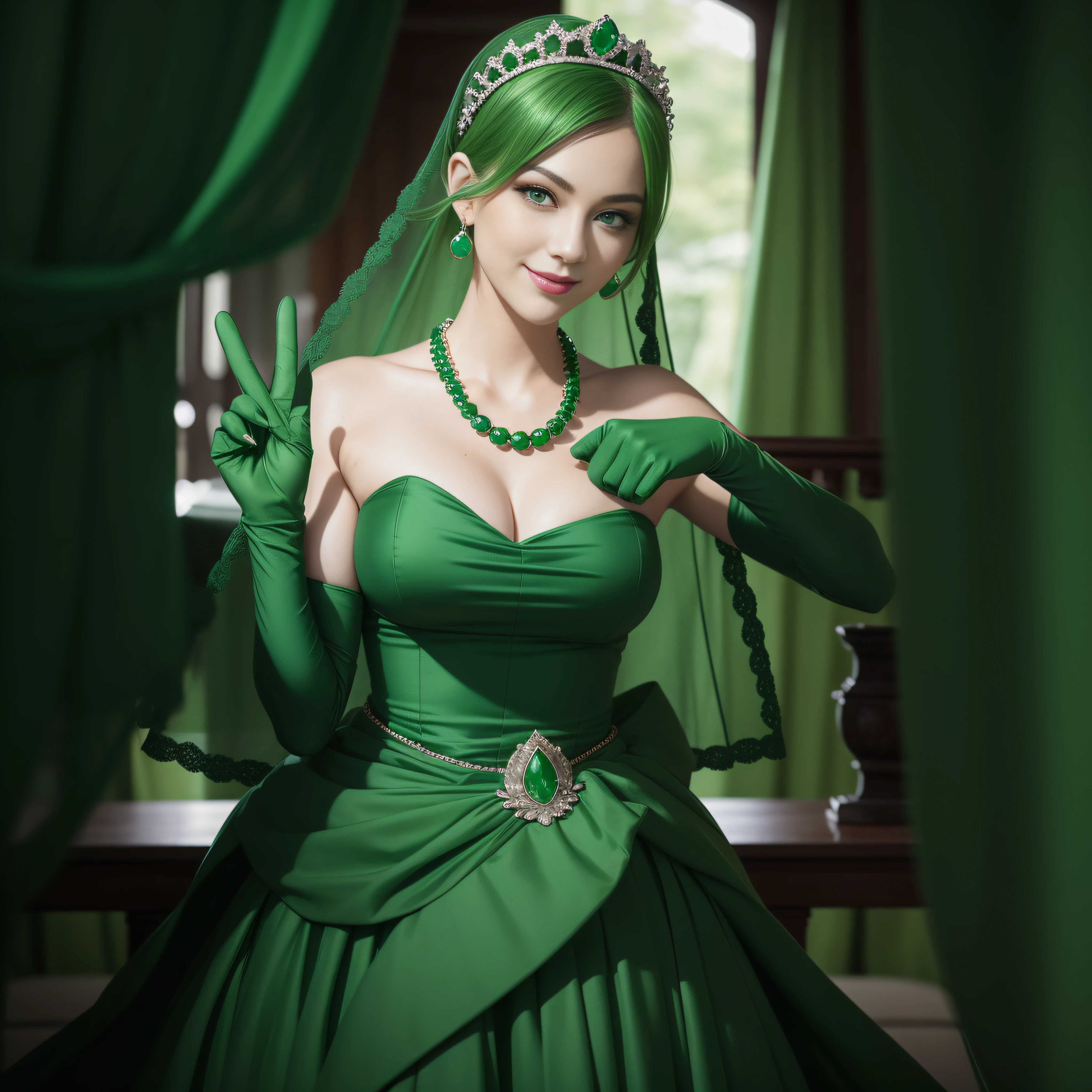 emerald tiara, Green Pearl Necklace, Boyish very short green hair, lipsticks, Japan woman smiling, very short short hair, big breasts beautiful, Green eyes, Long green gloves made of satin material, Green eyes, Emerald Earrings, green vale, v sign